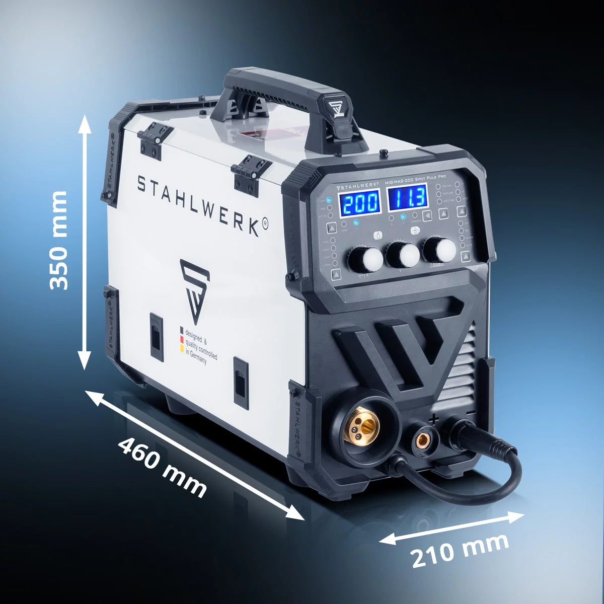 Stahlwerk Mig Mag 200 Spot Puls Pro, onduleur IGBT entièrement synergie, 5 sur 1 dispositif de combinaison avec fonction ponctuelle et 200 ampères, aluminium | Remplissez le fil | Mig mag | Arc mma | Lift tig | impulsion