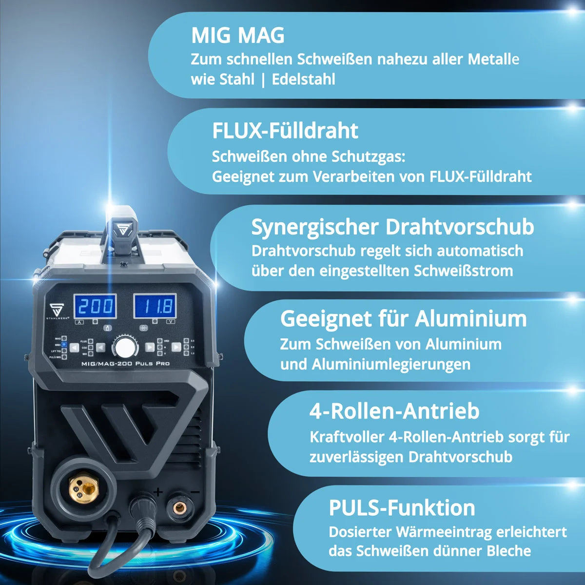 STAHLWERK MIG MAG 200 Puls Pro Schutzgas Schweißgerät Vollsynergisches 5 in 1 Kombigerät mit echten 200 Ampere inklusive AK25/MB25 Alu-Schweißbrenner, Verschleißteile-Set für Aluminium-Schweißen