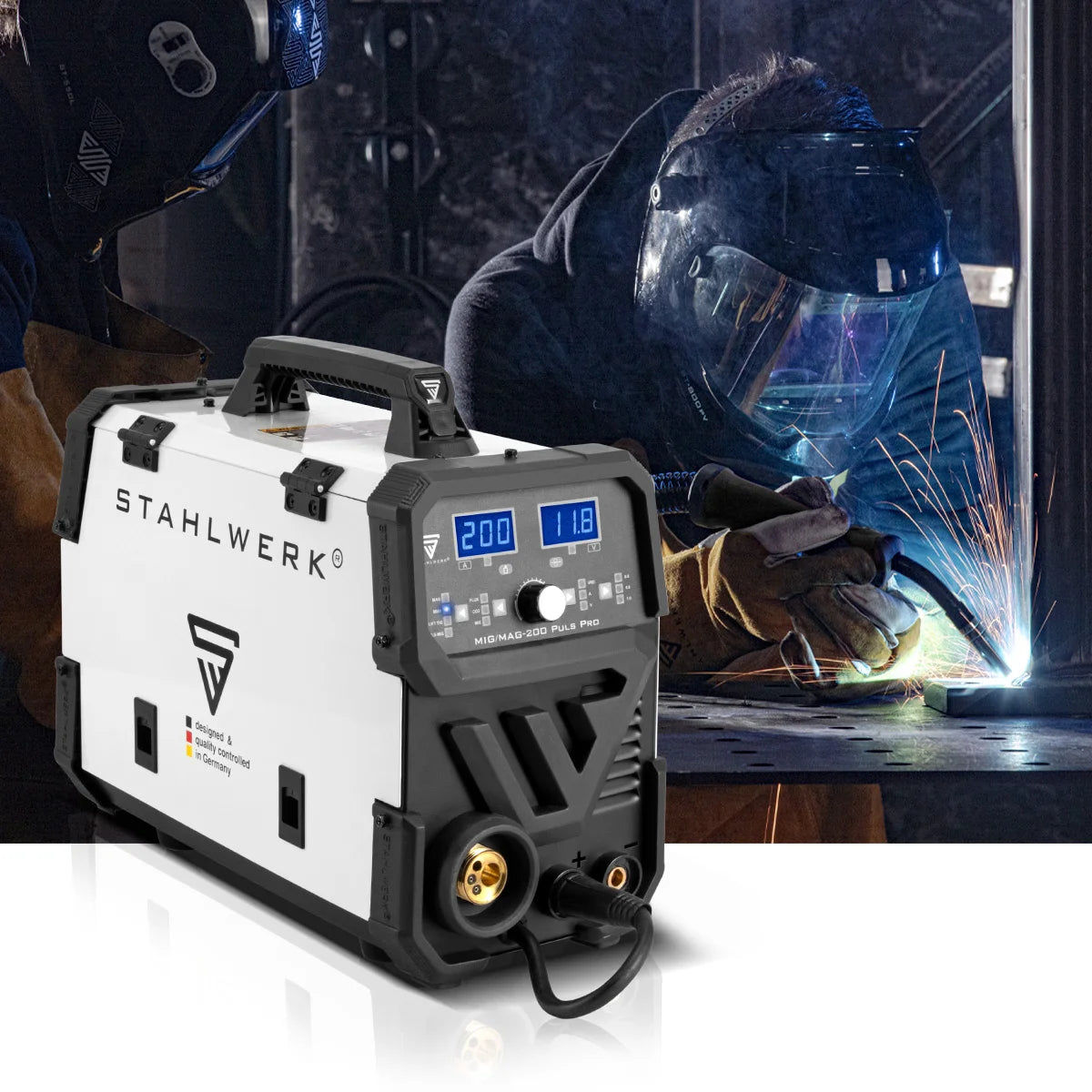 STAHLWERK MIG MAG 200 Puls Pro Schutzgas Schweißgerät Vollsynergisches 5 in 1 Kombigerät mit echten 200 Ampere inklusive AK25/MB25 Alu-Schweißbrenner, Verschleißteile-Set für Aluminium-Schweißen