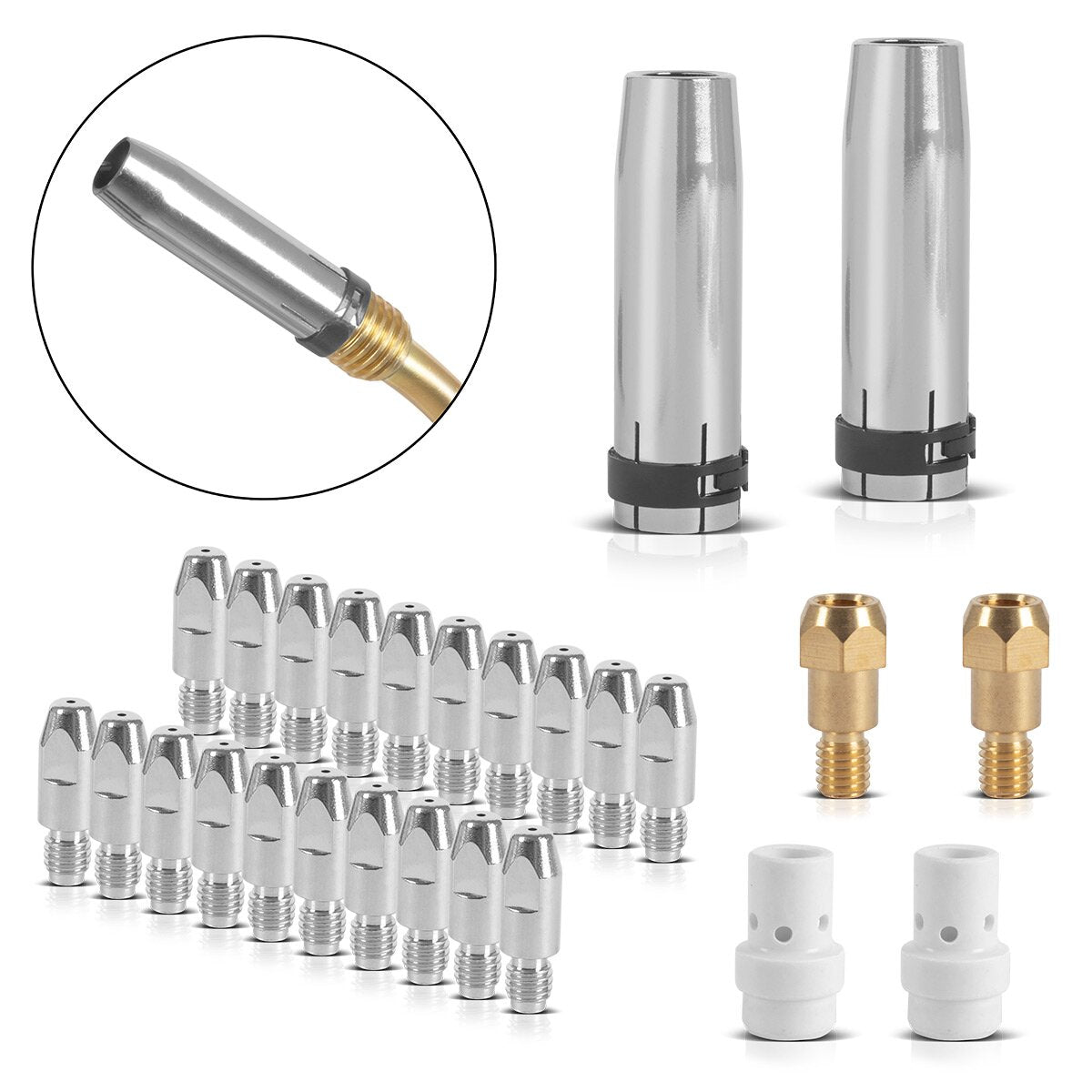 Stahlwerk Mig Mag Ak36 | MB36 Parti di usura premium Set di accessori di saldatura da 26 parti con ugelli a gas, ugelli di elettricità, portatore di ugelli e diffusore in ceramica per bruciatore di saldatura MIG MAG