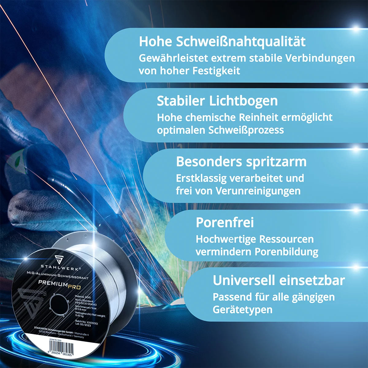 STAHLWERK MIG MAG Aluminium Schweißdraht ER4043 Si5 (ALSI-5) Ø 0,8 mm 0,45 kg Drahtrolle