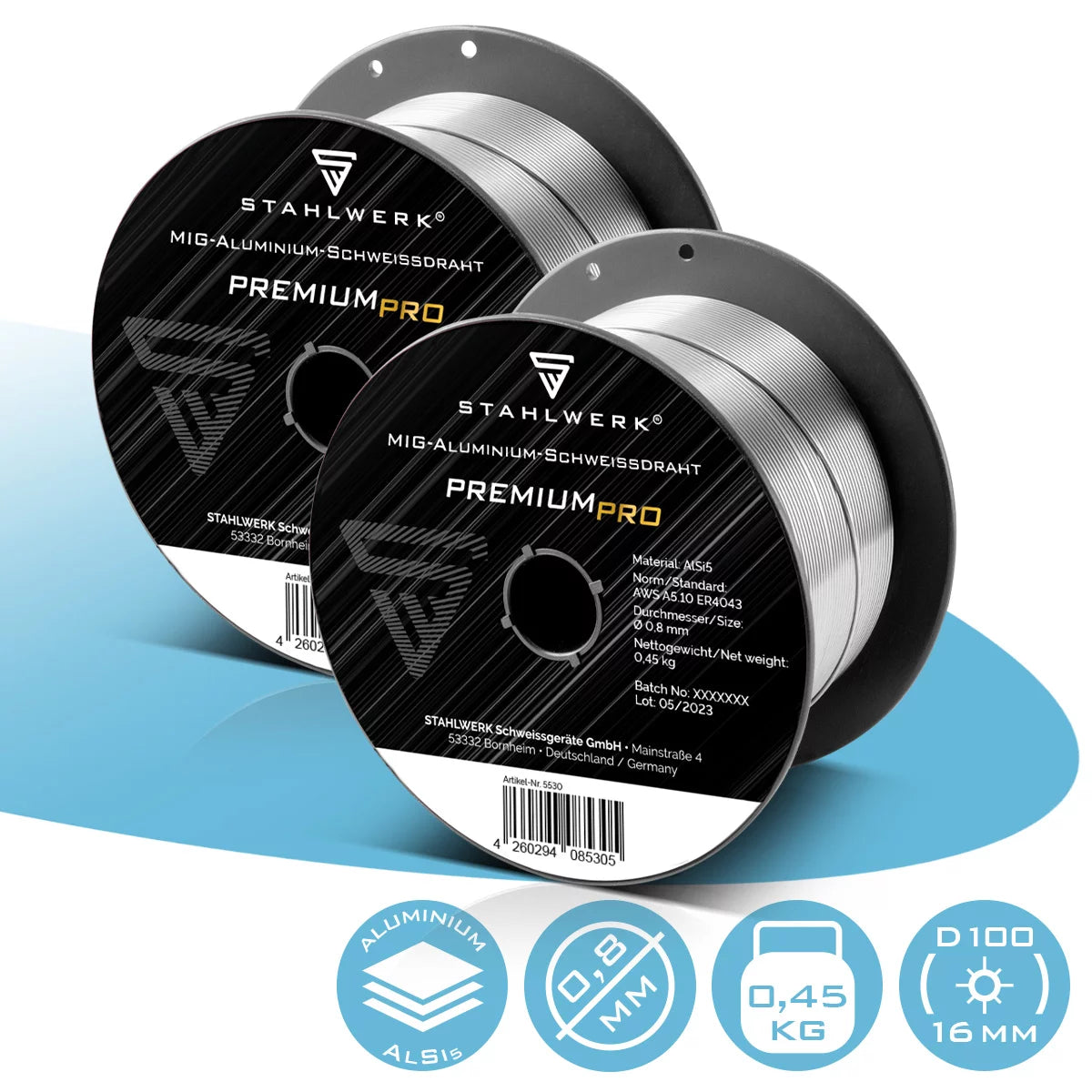 Stahlwerk mig Mag aluminum welding wire er4043 Si5 (Alsi-5) Ø 0.8 mm 0.45 kg wire roll in the 2 Set