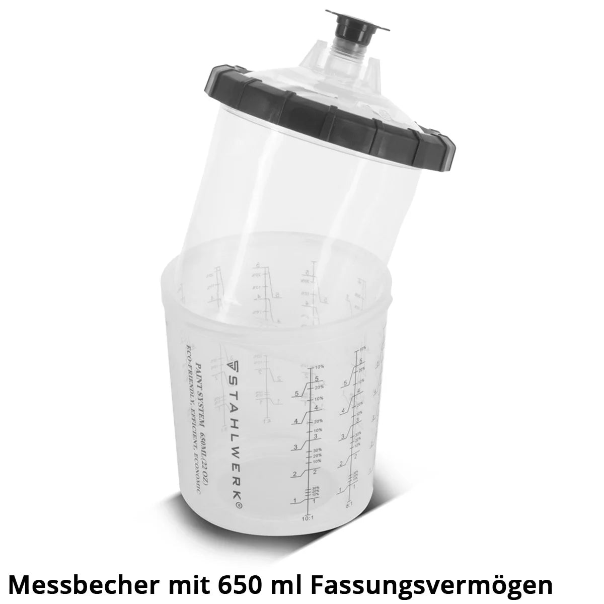 Stahlwerk Mischbecheret 25 partes para usar en pistolas de pintura | Falta de mezclador | Mezclador de color | 650 ml de taza de medición desechable para mezclar y aplicar pinturas