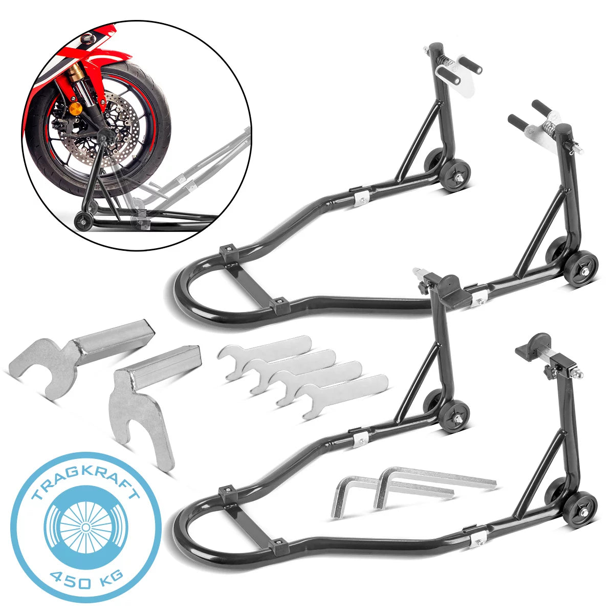 STAHLWERK Motorrad-Montageständer mit 450 kg Tragkraft Universal-Motorradständer | Motorradwippe | Radwippe | Radklemme | Hinter- und Vorderradwippe für Wartung und Reparatur