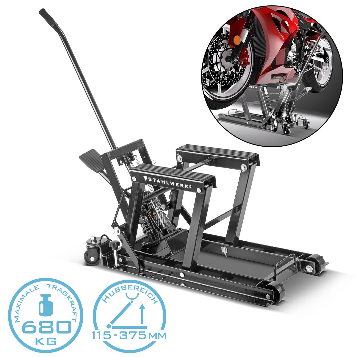 STAHLWERK Motorrad-Hebebühne MLT-680 ST mit 680 kg Tragkraft und 115-375 mm Hubbereich Hydraulischer Motorrad-Heber | Motorrad-Lift | Motorrad-Montageständer zur Reparatur und Wartung von Motorrädern