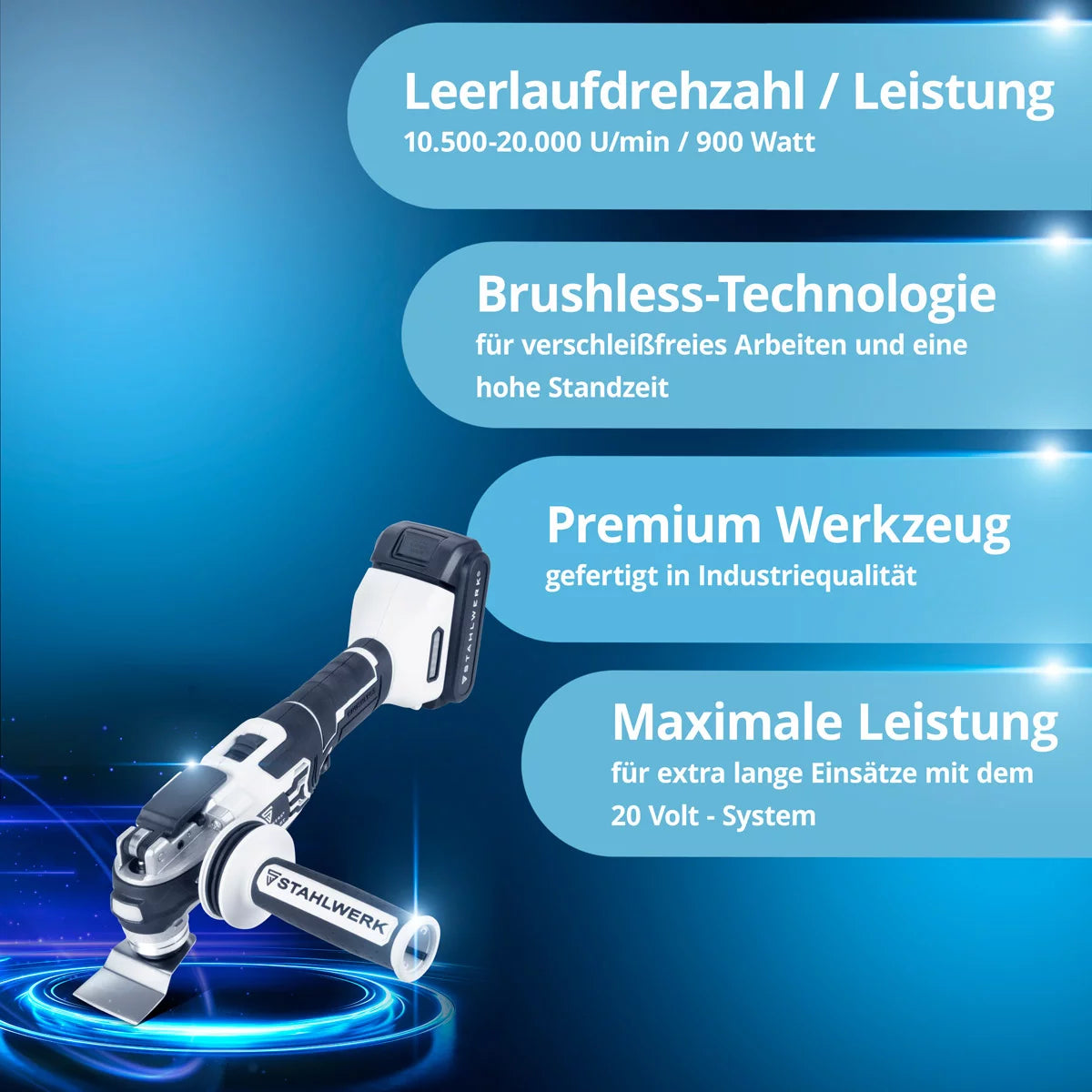 STAHLWERK oscillating battery-operated multifunctional tool OMTB-20 ST with 900 watts, 10,500-20,000 rpm and 20 V battery system, delta sander / oscillating tool / multicutter with brushless technology