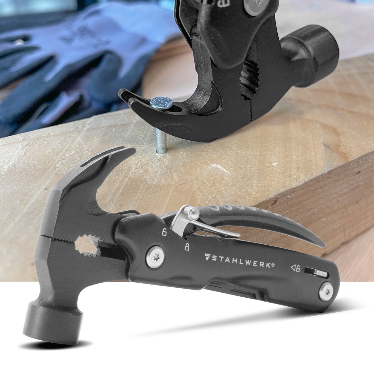 Steelwork Multi -Tool con 12 herramientas, navaja de bolsillo de alta calidad / cuchillo plegable / herramienta multifuncional con martillo, cuchillo, sierra, archivo, combinación, destornillador, etc., incluida la linterna LED
