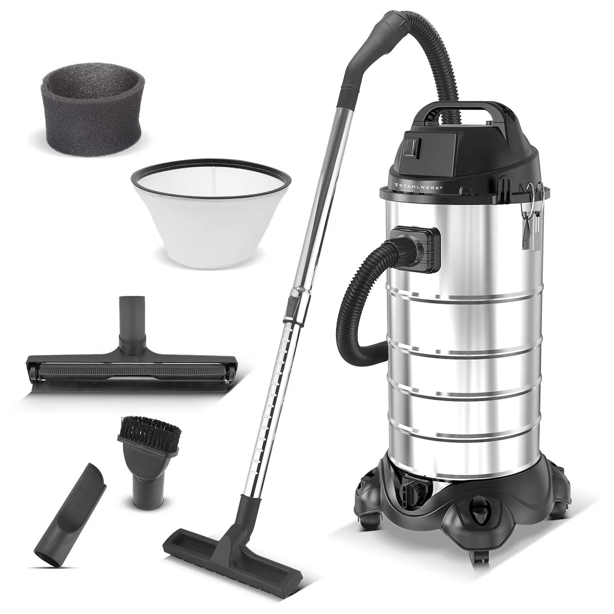 STAHLWERK Nass- und Trockensauger VCL-1500 ST | 1500 W Industriesauger mit 40 l Edelstahlbehälter | Blasfunktion und Sicherheitsabschaltung | Umfangreiches Zubehörpaket | Robuster Werkstattsauger