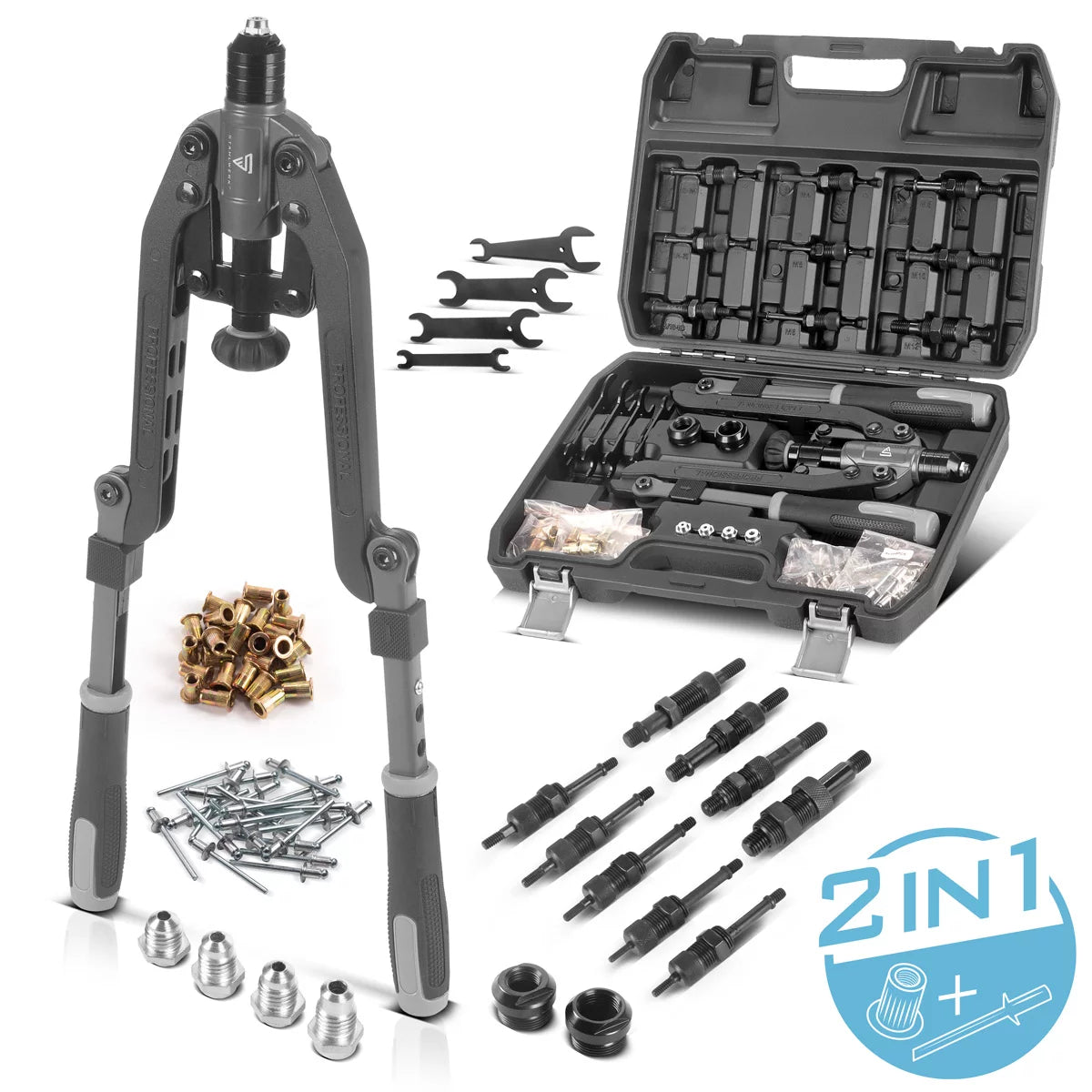 Steel mill rivet nut and blind riveting tongs set 85-part | versatile 2-in-1 rental pliers for setting blind rivets and rivet nuts | Multifunctional pliers in the practical case | High quality rivet tool including rivets and threaded corner