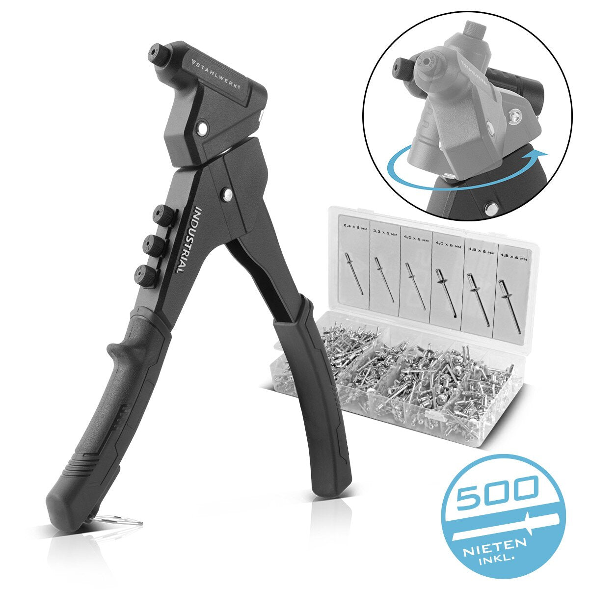 Stahlwerk Nietzangen-Set NZ-280 ST 360 ° blind tongue | Libel pliers | Popniet pliers | Rivet nut tongs | Rivet pistol | Rivet tool | One-hand-rental pliers with 4 alternating places and 500 blind rivets