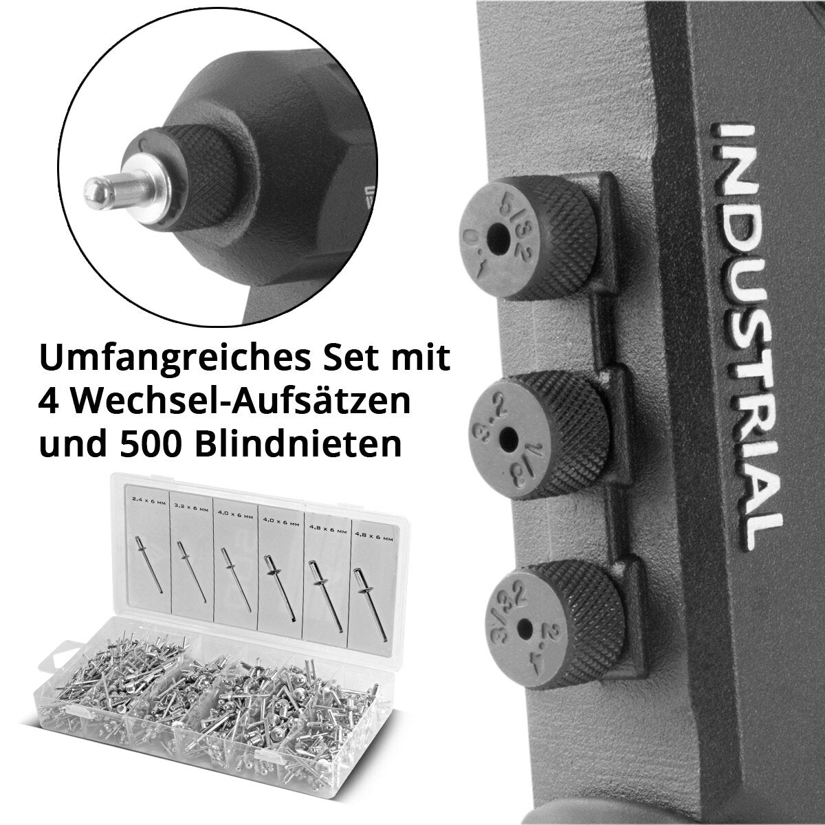 Stahlwerk Nietzangen-Set NZ-280 ST 360 ° Terbe aveugle | Paigne en diffamation | Fiche de popfiet | Tongs de noix de rivet | Pistolet rivet | Outil de rivet | Pinces à une main à une main avec 4 lieux alternatifs et 500 rivets aveugles