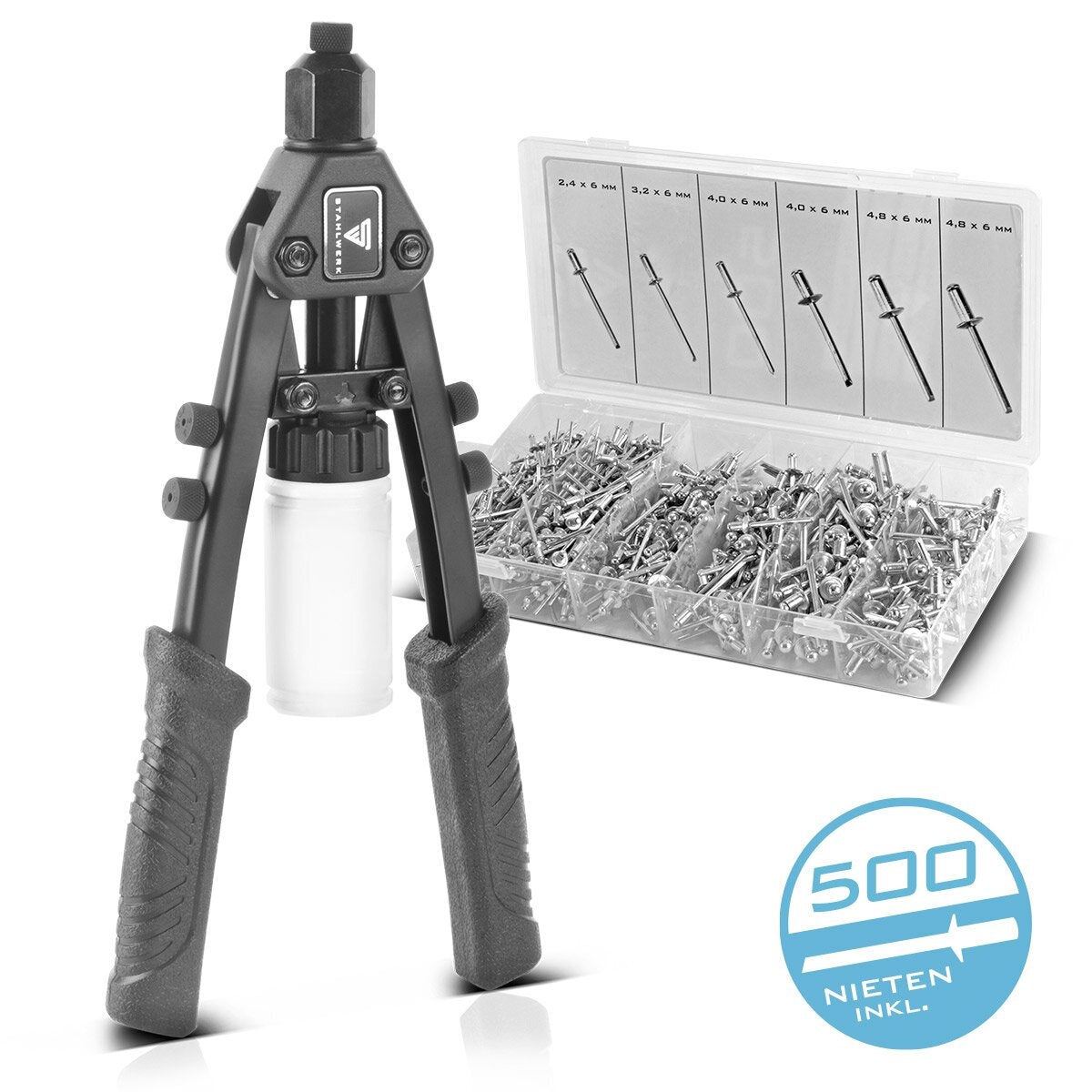 Steelworks Nietzangen-Set HNZ-280 ST blind tongue | Libel pliers | Popniet pliers | Rivet nut tongs | Rivet pistol | Rivet tool | With 5 alternating attachments and 500 blind rivets