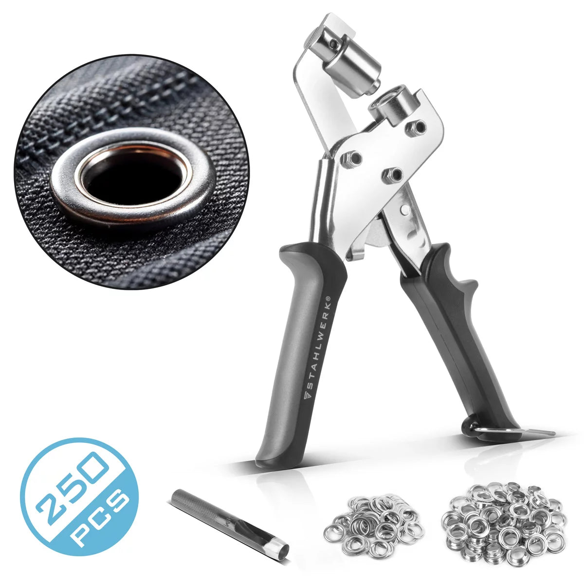 Pinze per occhiali in acciaio impostati 10 mm con pugni perforati e 250 occhielli magnetici professionali Ösland | Esenprede | Punch facilmente | Facile utensile in acciaio indurito