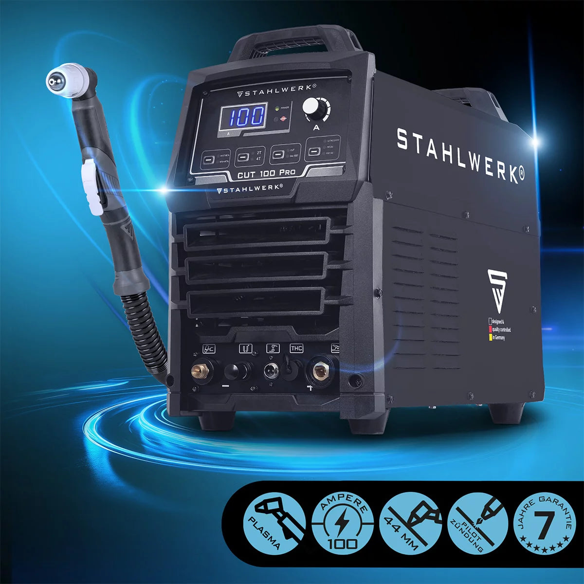 STAHLWERK plasma cutter CUT 100 Pro | 100A Inverter Plasma Cutter | HF pilot ignition | Digital display | THC interface for CNC | Cutting performance up to 44 mm | Plasma cutter with 2T/4T function