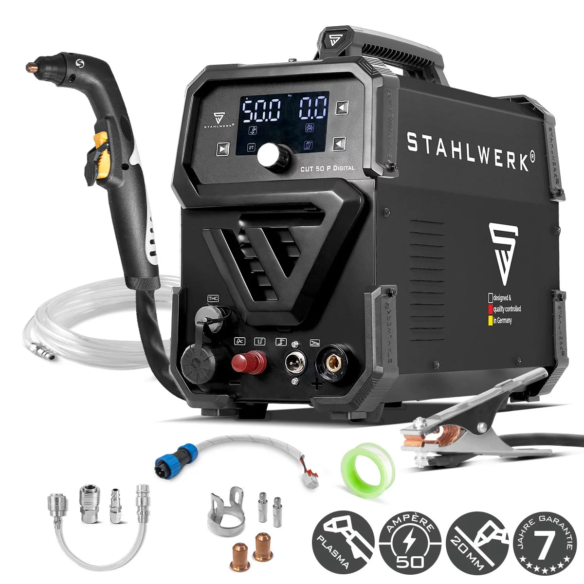 STAHLWERK plasma cutter CUT 50 P Digital | 50A Inverter Plasma Cutter | Blowback ignition | Digital display | THC interface for CNC | Cutting performance up to 20 mm | Plasma cutter with 2T/4T function