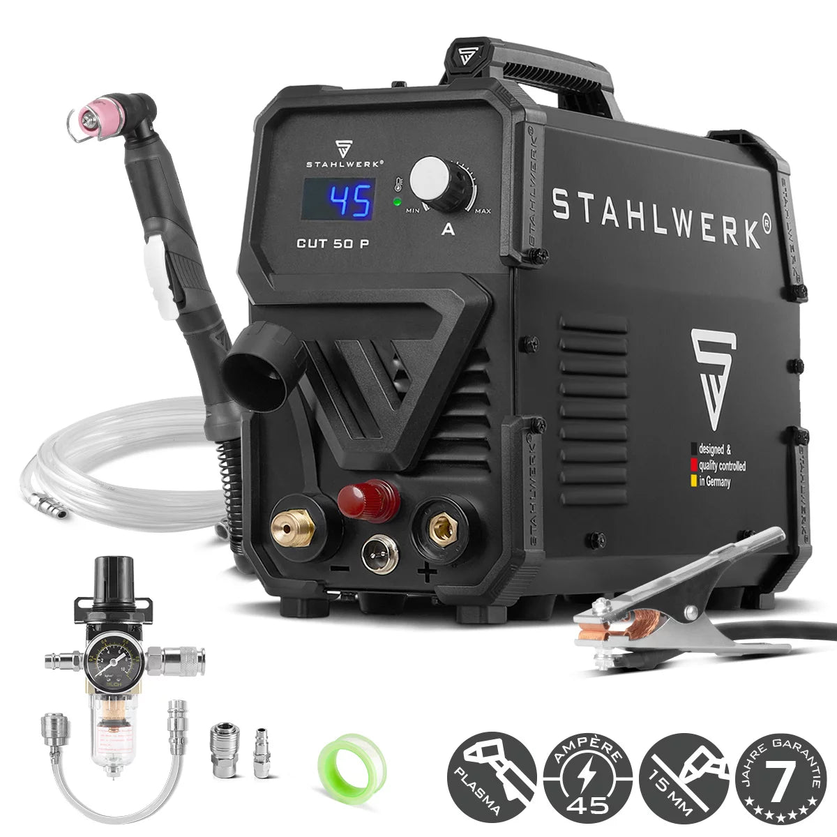 STAHLWERK plasma cutter CUT 50 P | 45A Inverter Plasma Cutter | HF pilot ignition | Digital display | Cutting performance up to 15 mm | Smart cooling