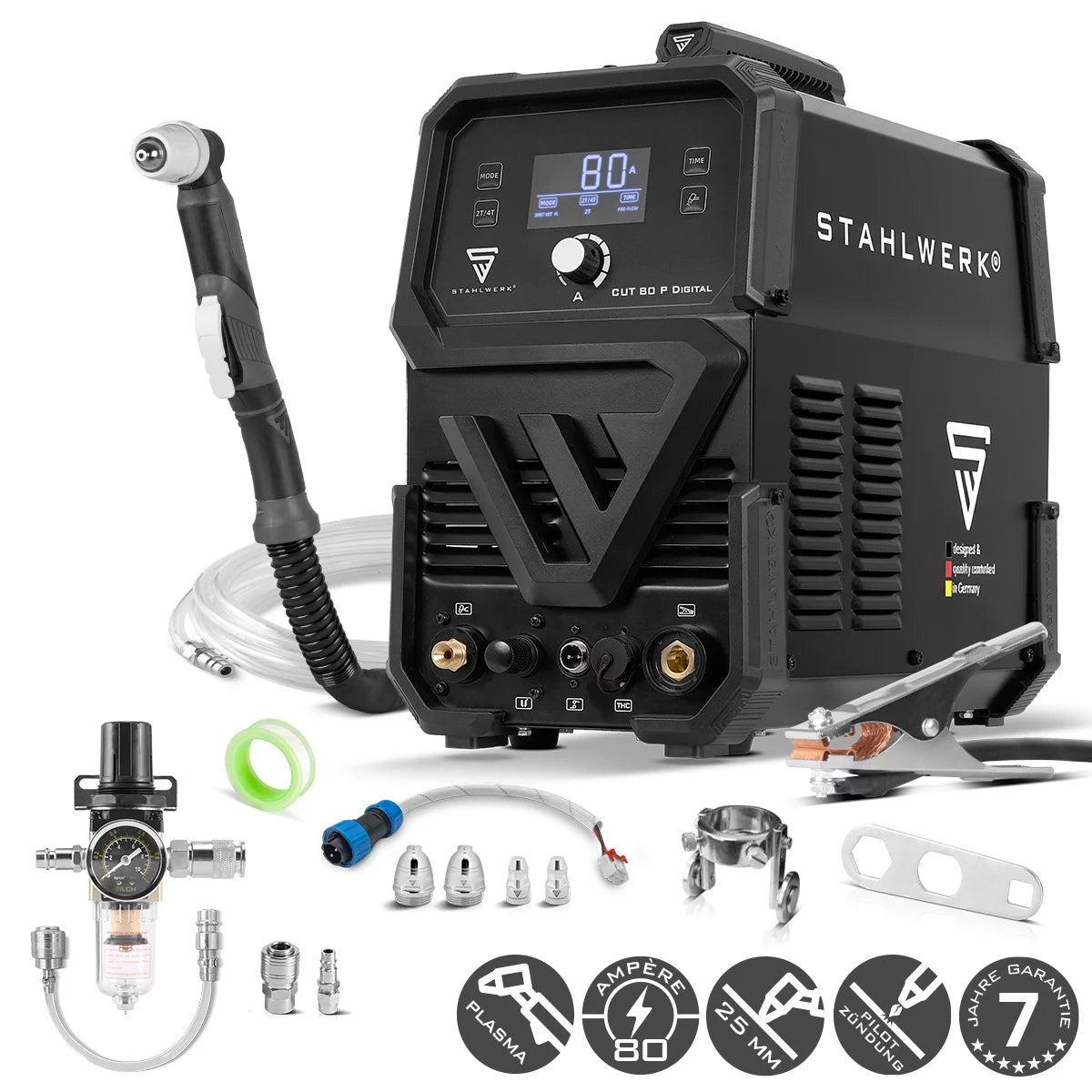 STAHLWERK plasma cutter CUT 80 P Digital | 80A Inverter Plasma Cutter | HF pilot ignition | Digital display | THC interface for CNC | Cutting performance up to 25 mm | Plasma cutter with 2T/4T function