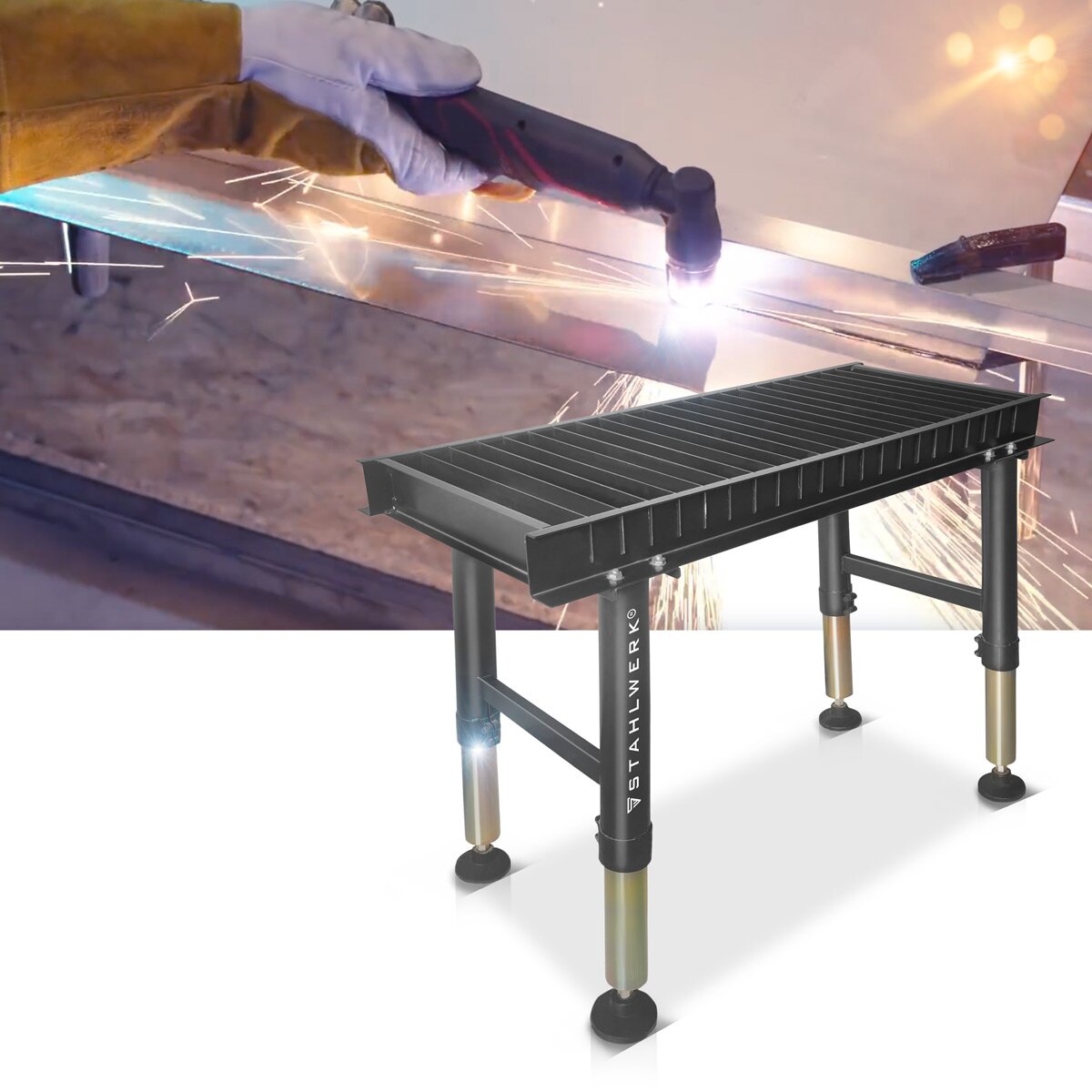 Tableau de coupe en plasma en acier PCT-1000 ST 1000 x 410 mm Plasmatique réglable de hauteur | Banque coupée enrobée de poudre pour la coupe de plasma professionnel