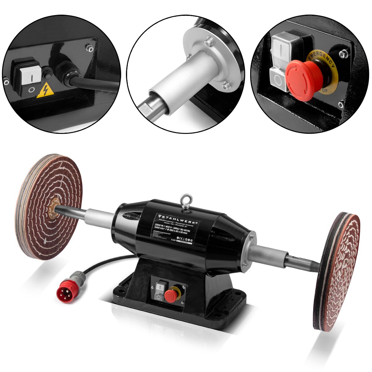Stahlwerk PM-2200 ST Workbench Polissing Machine en qualité industrielle avec 2 200 watts et 1450 révolutions par minute pour les composants et les pièces en métal