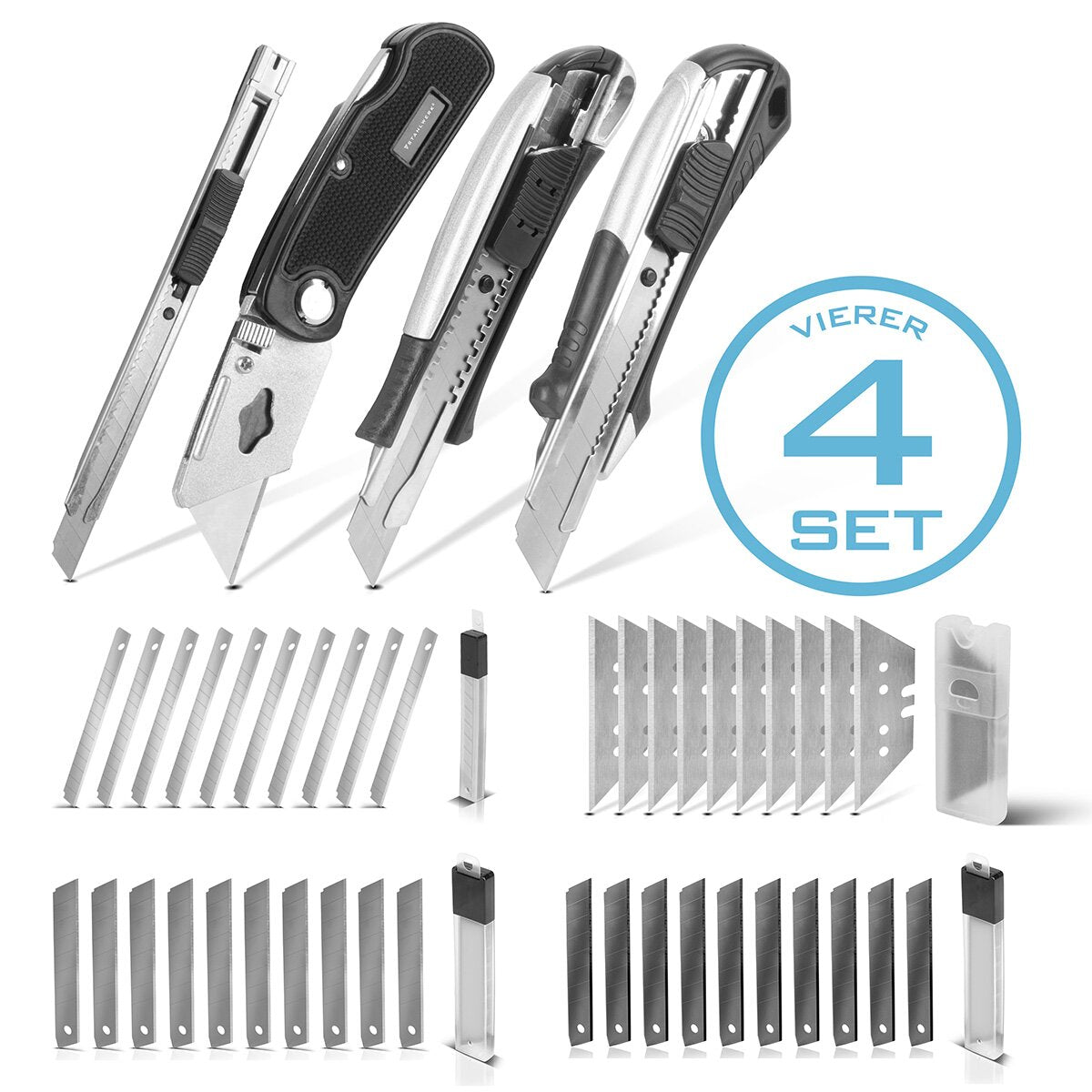 Steelworks cutter knife 4 -Set with replacement blades Profi cutter | Carpet knife | Safety knife | Package knife | Cardboard knife