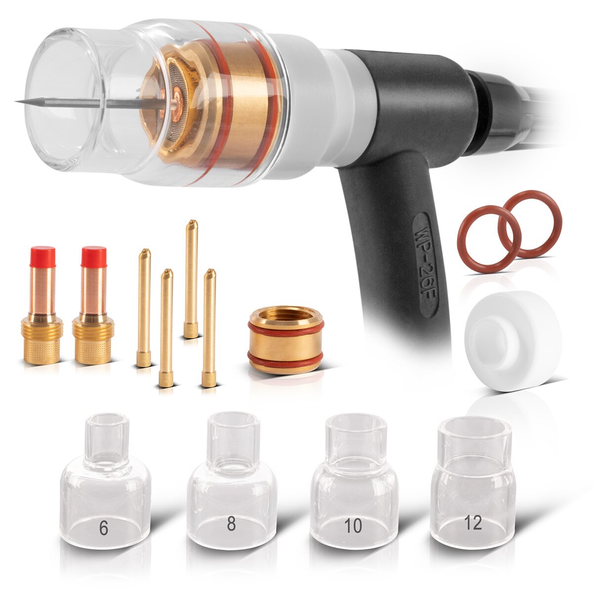 STAHLWERK Premium WIG Glas-Gaslinsen-Set 14-teiliges Schweißzubehör mit Glas-Gasdüsen, Spannhülsen, Spannhülsengehäusen, Schweißbrenner-Isolator, Dichtungen und Glasdüsen-Adapter für WP | SR 17, 18, 26 WIG Schweißbrenner