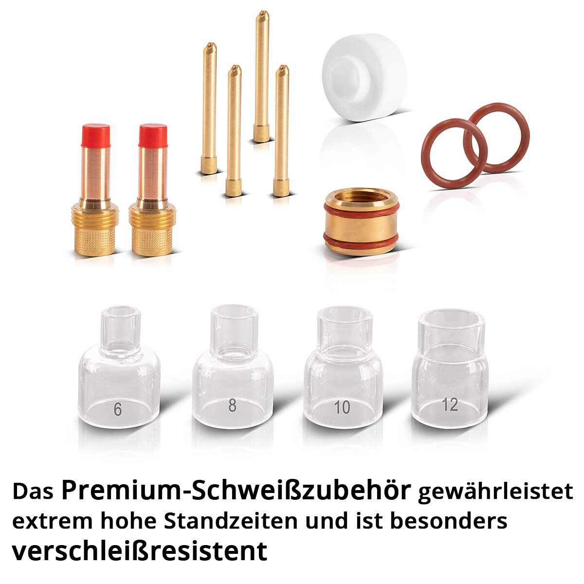 STAHLWERK Premium WIG Glas-Gaslinsen-Set 14-teiliges Schweißzubehör mit Glas-Gasdüsen, Spannhülsen, Spannhülsengehäusen, Schweißbrenner-Isolator, Dichtungen und Glasdüsen-Adapter für WP | SR 17, 18, 26 WIG Schweißbrenner