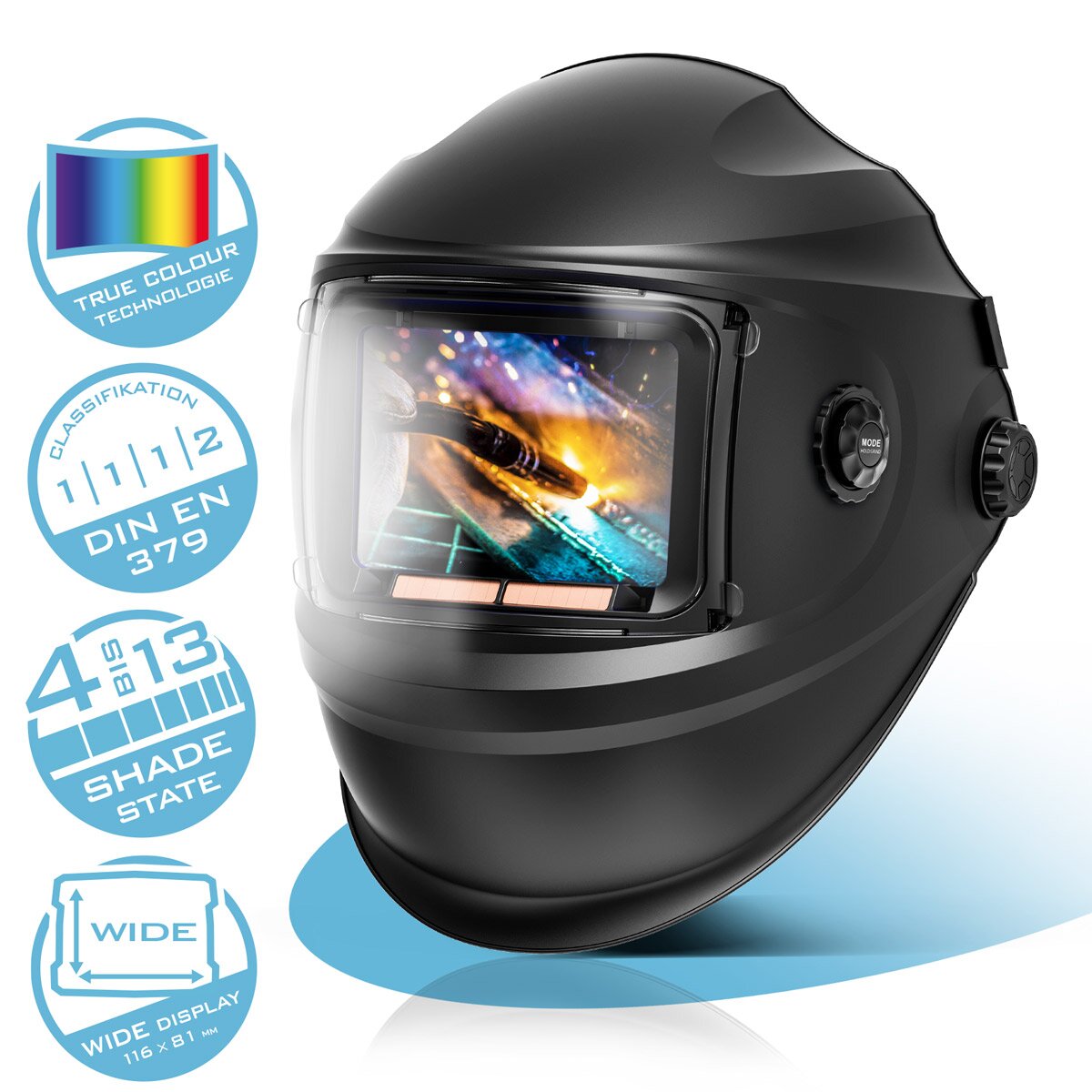 Steelworks Automatic welding helmet Booster 3-in-1 welding helmet | Welder mask with True-Color-Lech color playback, job memory, automatic darkening DIN 4 to DIN 13 and optical class 1/1/1/2