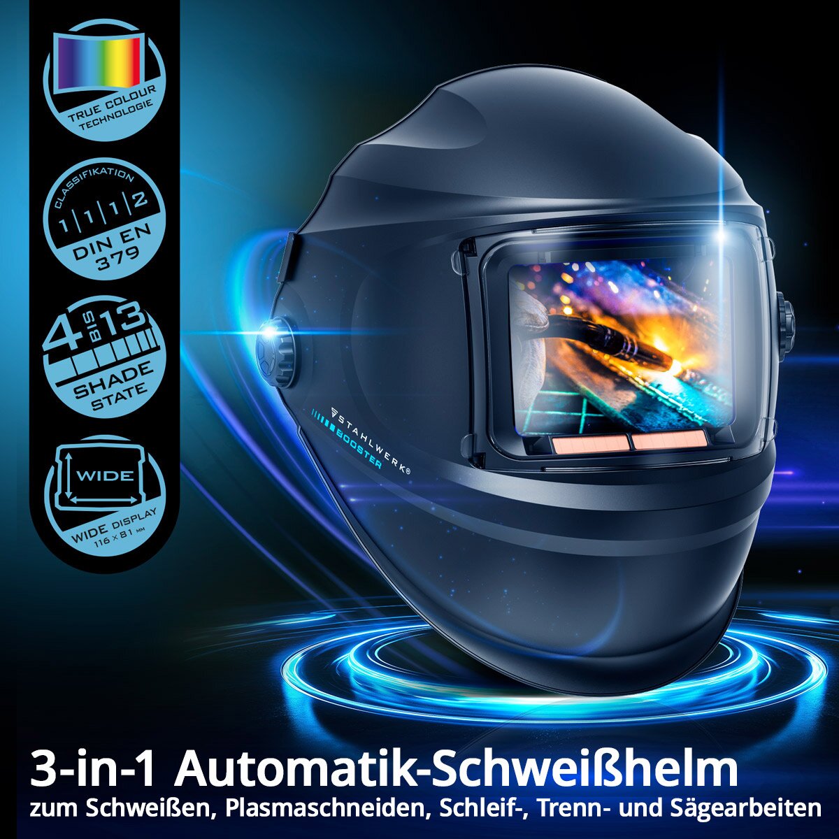 STAHLWERK خوذة لحام أوتوماتيكية BOOSTER 3 في 1 خوذة لحام | قناع لحام مع إعادة إنتاج الألوان الحقيقية، وذاكرة العمل، والتعتيم التلقائي DIN 4 إلى DIN 13 والفئة البصرية 1/1/1/2
