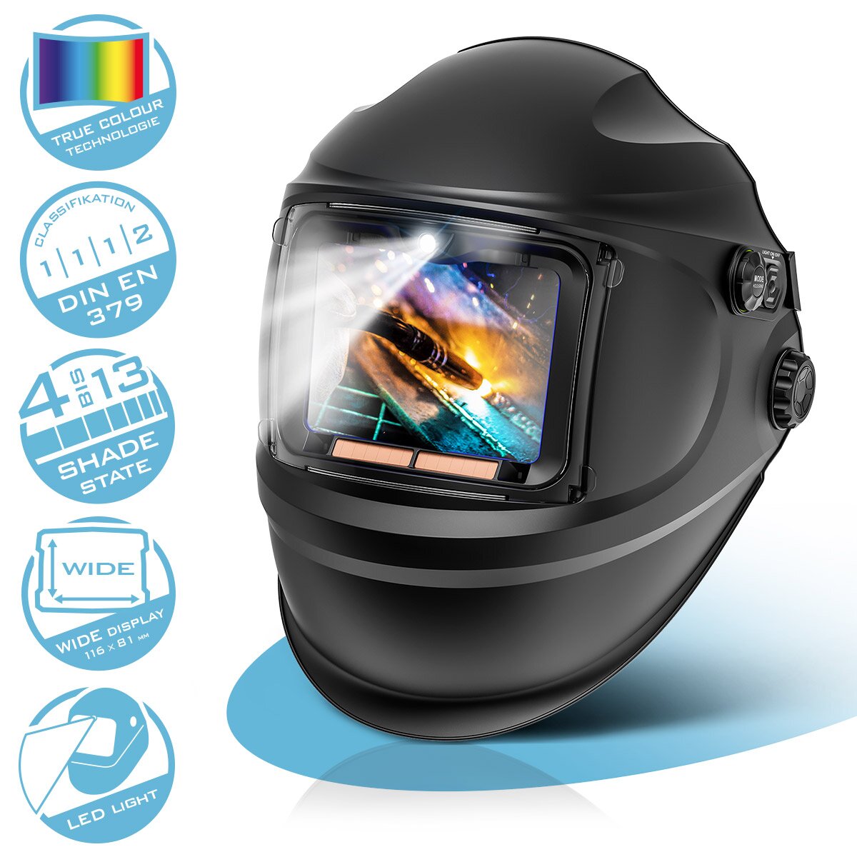 Steelworks Automatic welding helmet Raptor 3-in-1 welding mask with LED light, True-Color-Recht color playback, job memory, automatic darkening DIN 4 to DIN 13 and optical class 1/1/1/2