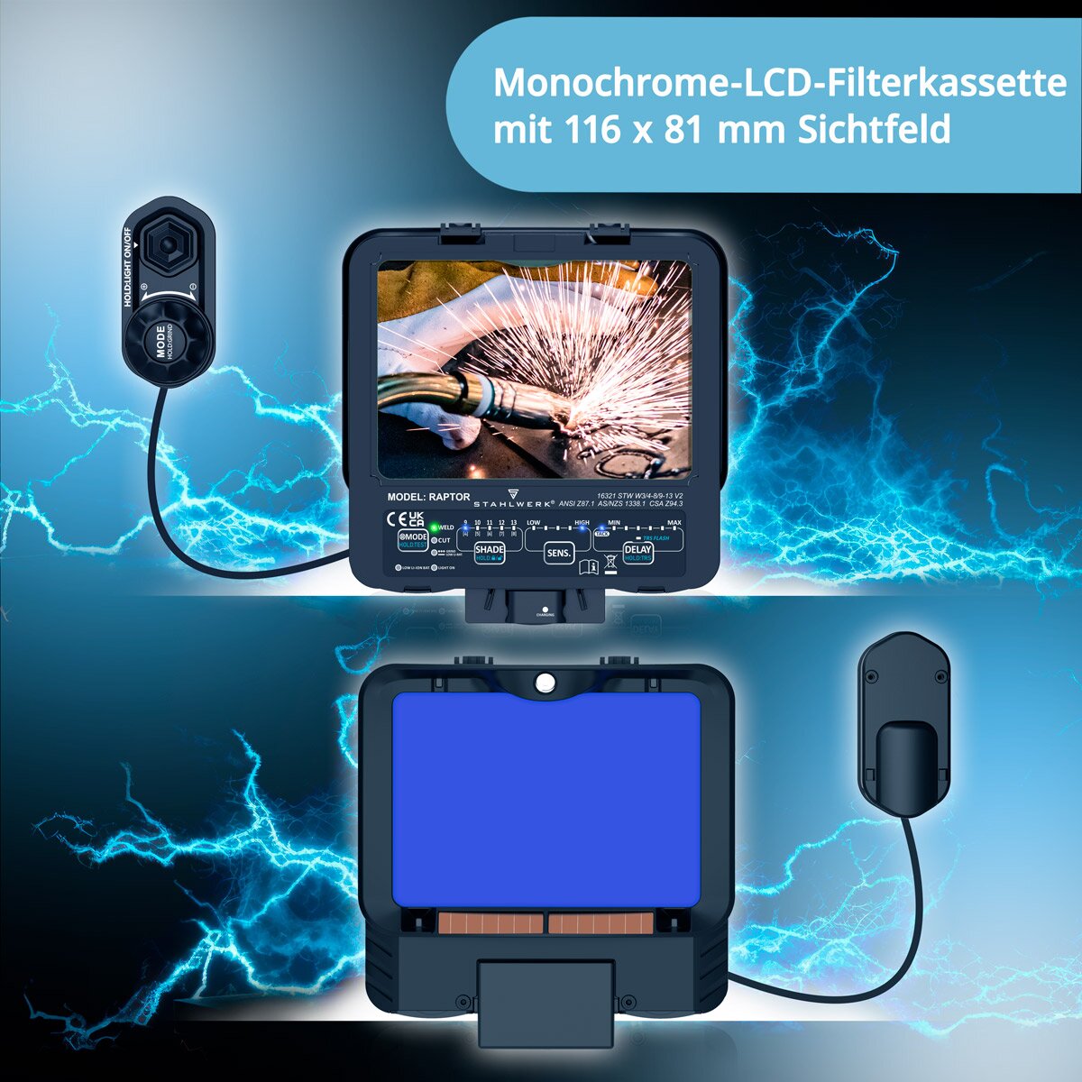 Steelworks Automatic welding helmet Raptor 3-in-1 welding mask with LED light, True-Color-Recht color playback, job memory, automatic darkening DIN 4 to DIN 13 and optical class 1/1/1/2