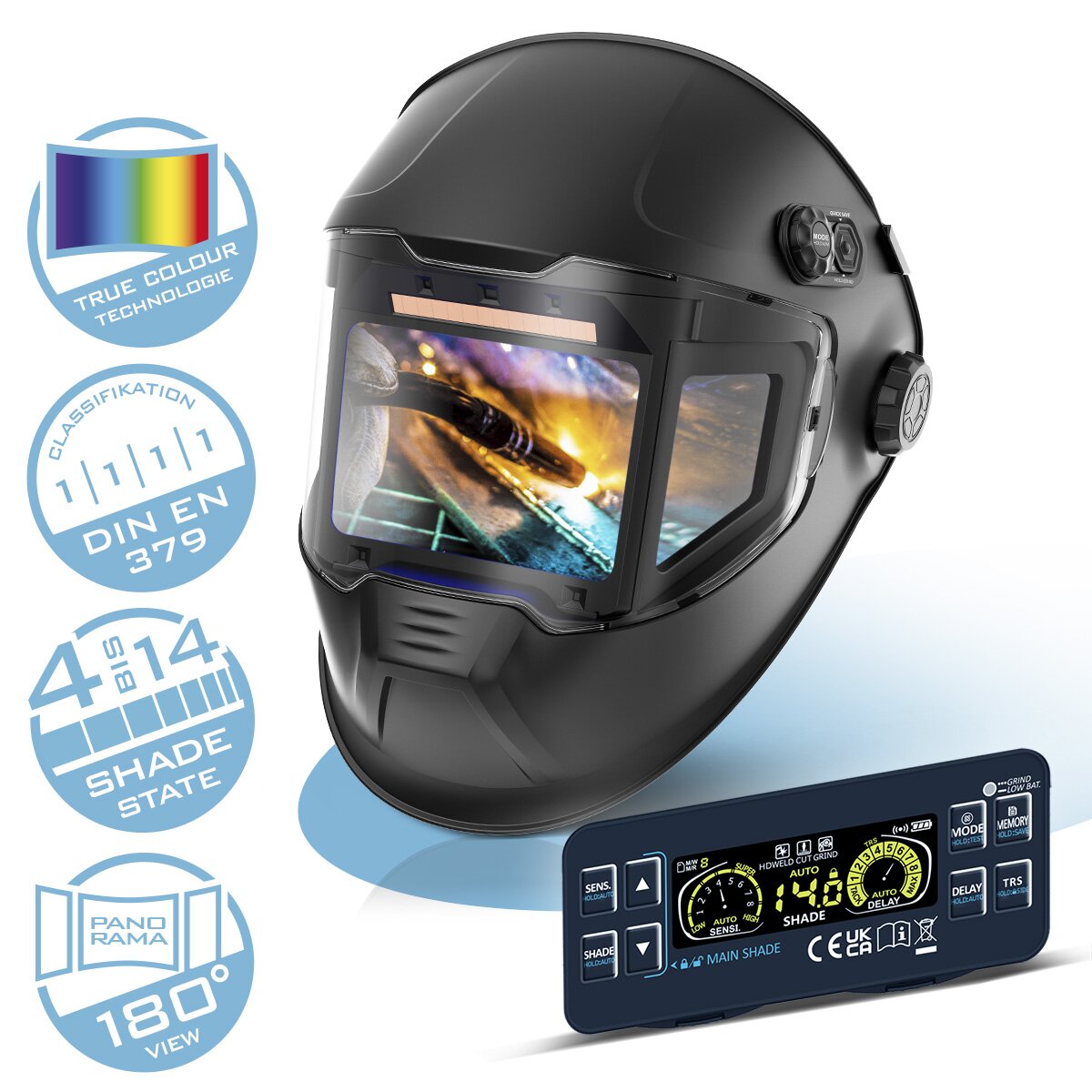 Steelworks Automatic-Welding helmet Split 3-in-1 welding helmet with 180 ° Viewing field, LCD color display, True-Color-Recht color playback, job memory, automatic darkening DIN 4 to DIN 14 and optical class 1/1/1/1