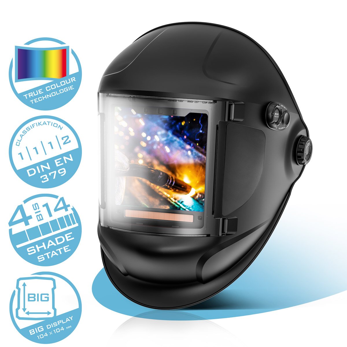 Steelworks Automatic welding helmet Titan 3-in-1 welding helmet | Welding mask with True-Color-Lech color playback, job memory, automatic darkening DIN 4 to DIN 14 and optical class 1/1/1/1