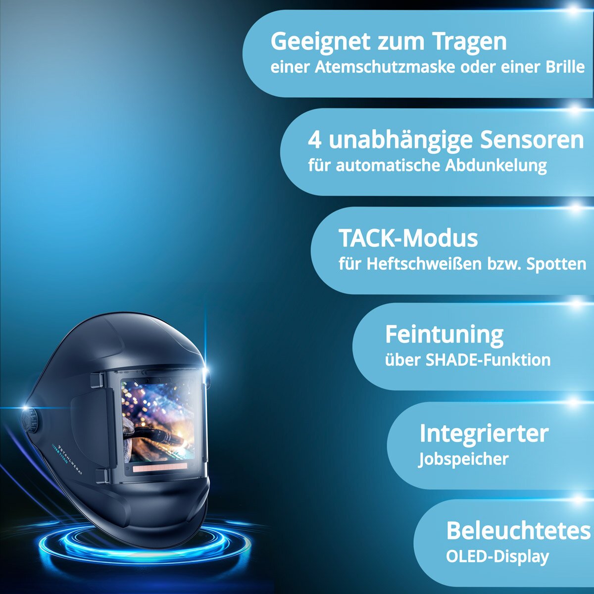 STAHLWERK خوذة لحام أوتوماتيكية TITAN 3 في 1 خوذة لحام | قناع لحام مع إعادة إنتاج الألوان الحقيقية، وذاكرة العمل، والتعتيم التلقائي DIN 4 إلى DIN 14 والفئة البصرية 1/1/1/1