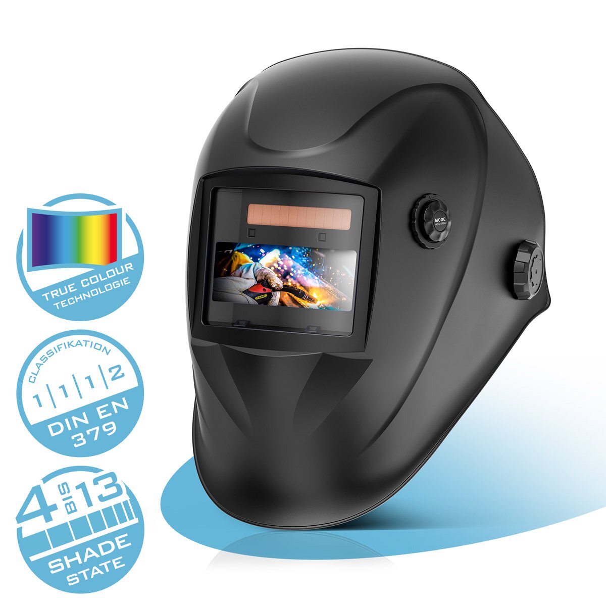 Steelworks Automatic welding helmet Worker 3-in-1 welding helmet | Welding sign | Welding mask with True-Color-Lech color playback, automatic darkening DIN 4 to DIN 13 and optical class 1/1/1/2
