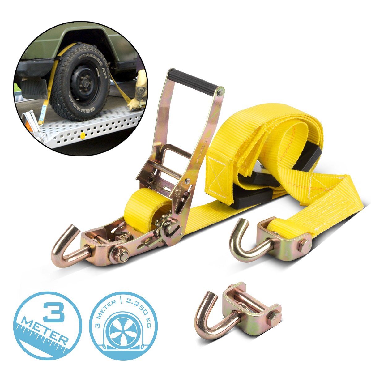 STAHLWERK Radsicherung TRS-50 ST 3 m x 50 mm 2.250 kg Reifen-Ratschengurt | Spanngurt | Zurrgurt | Transportgurt | Reifengurt | Kfz Radspanngurt mit Ratschen-Funktion für den Autotransport