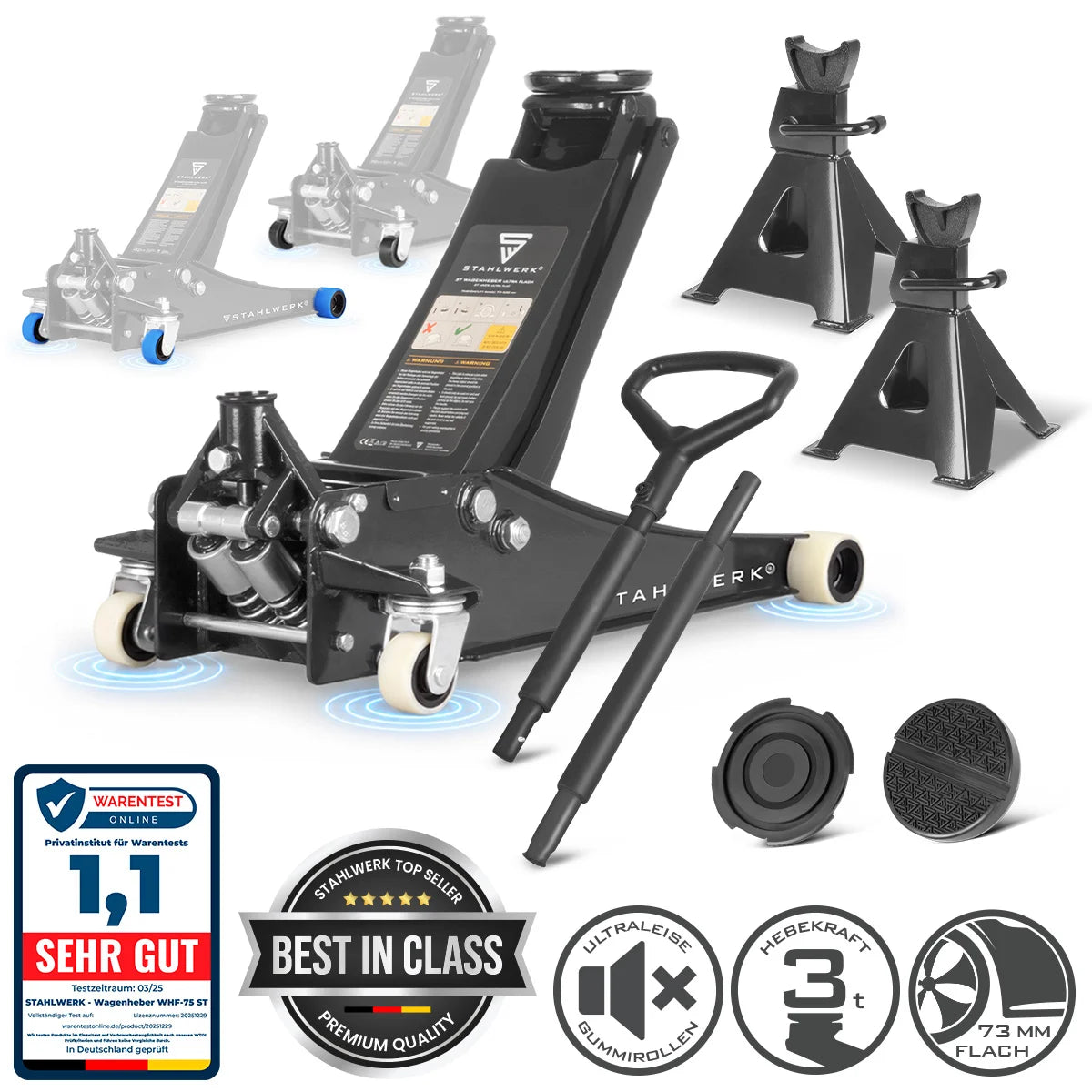 STAHLWERK car jack WHB-73 ST with 3 t load capacity, rubberized silent rollers, double lifting piston and 73-500 mm lifting range | Extra flat trolley jack | Hydraulic car jack | Black car jack