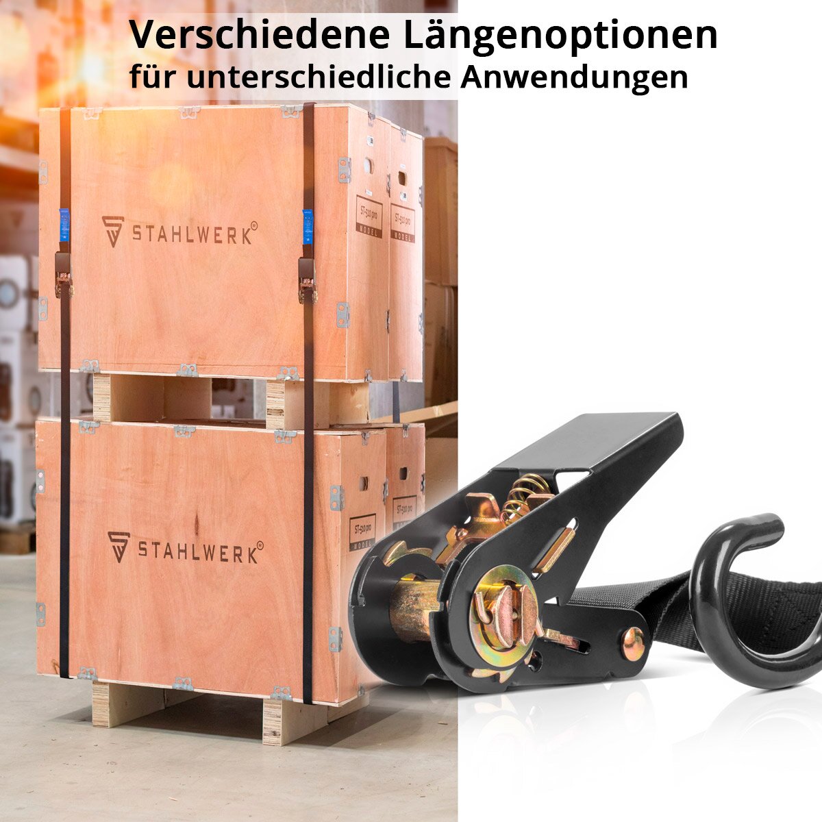 STAHLWERK Ratschengurt mit Haken 4er Set 5 m x 25 mm 800 kg | LC 800 daN Spanngurt | Zurrgurt | Befestigungsriemen | Befestigungsgurt mit Ratschen-Funktion TÜV/GS geprüft