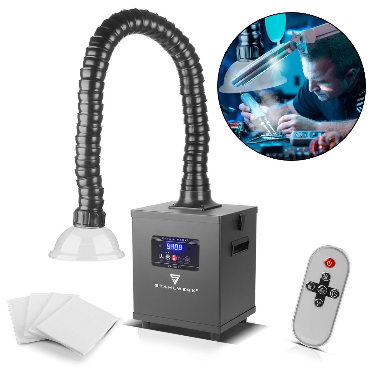 STAHLWERK Rauchabsaugung FE-150 ST mit 3-fach-Filter und 150 W Absauganlage | Rauchabsorber | Rauchabzug | Schweißrauch- und Lötabsaugung zur Filterung und Absaugung von Rauch, Gasen und Dämpfen