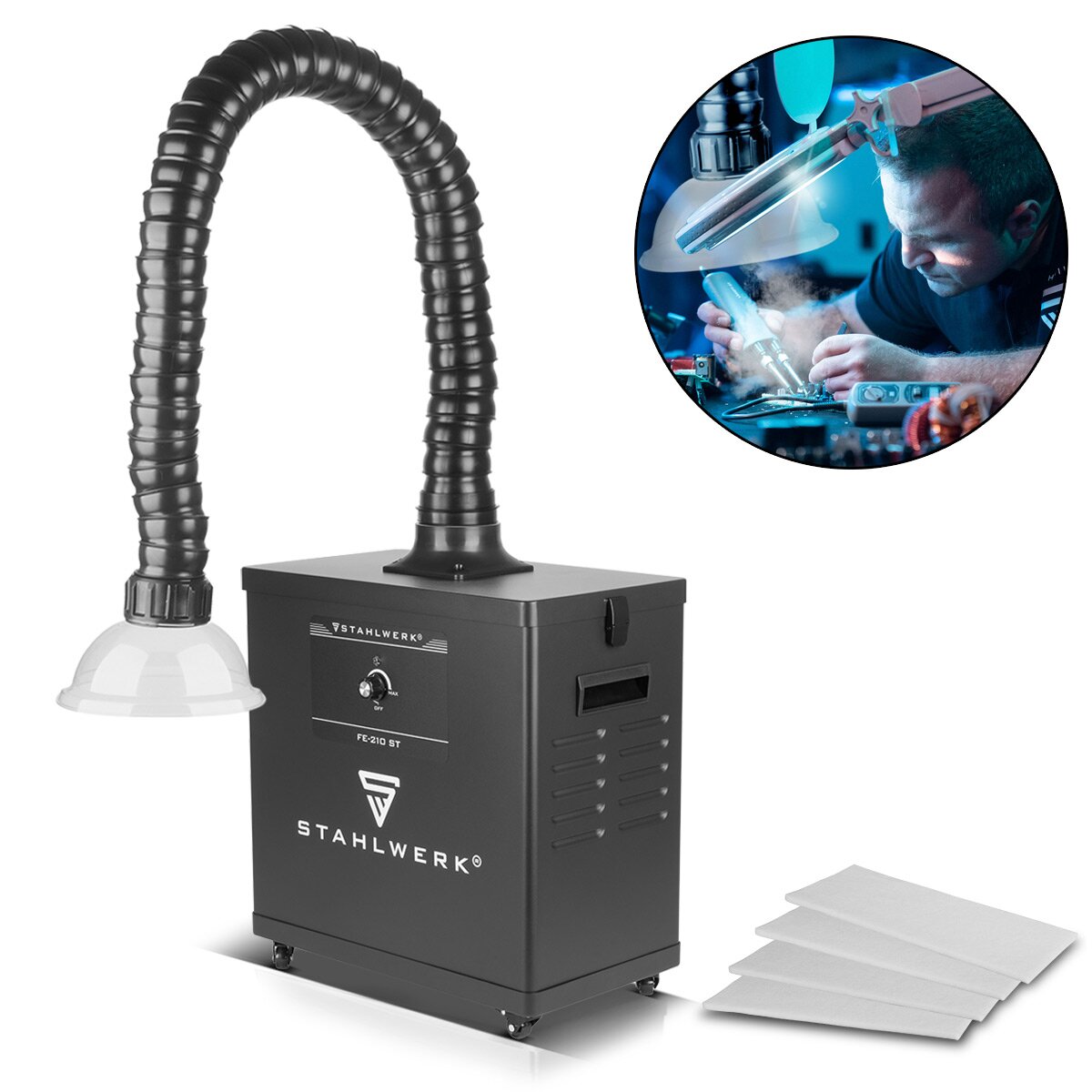 STAHLWERK Rauchabsaugung FE-210 ST mit 3-fach-Filter und 210 W Absauganlage | Rauchabsorber | Rauchabzug | Schweißrauch- und Lötabsaugung zur Filterung und Absaugung von Rauch, Gasen und Dämpfen