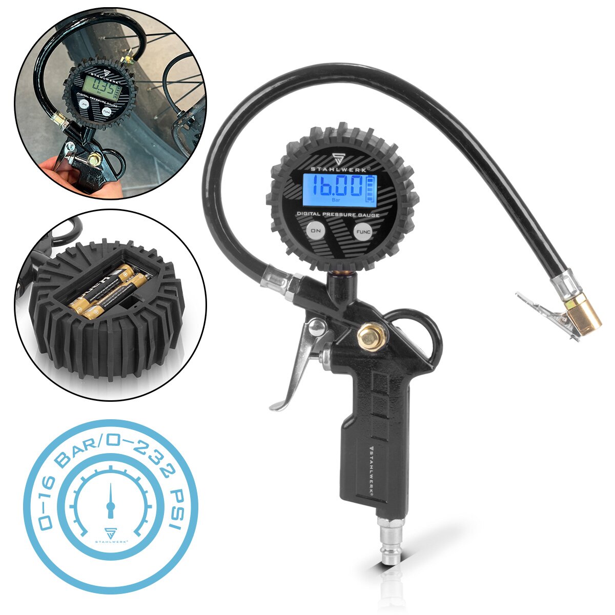 Steelworks Digital Compressed Air Tire Pistol DRD-16 ST | Filler per pneumatici ad aria compressa con manometro digitale | Tester a pressione dei pneumatici per auto, camion, moto, bicicletta | Area di misurazione 0-16 bar / 0-232 psi