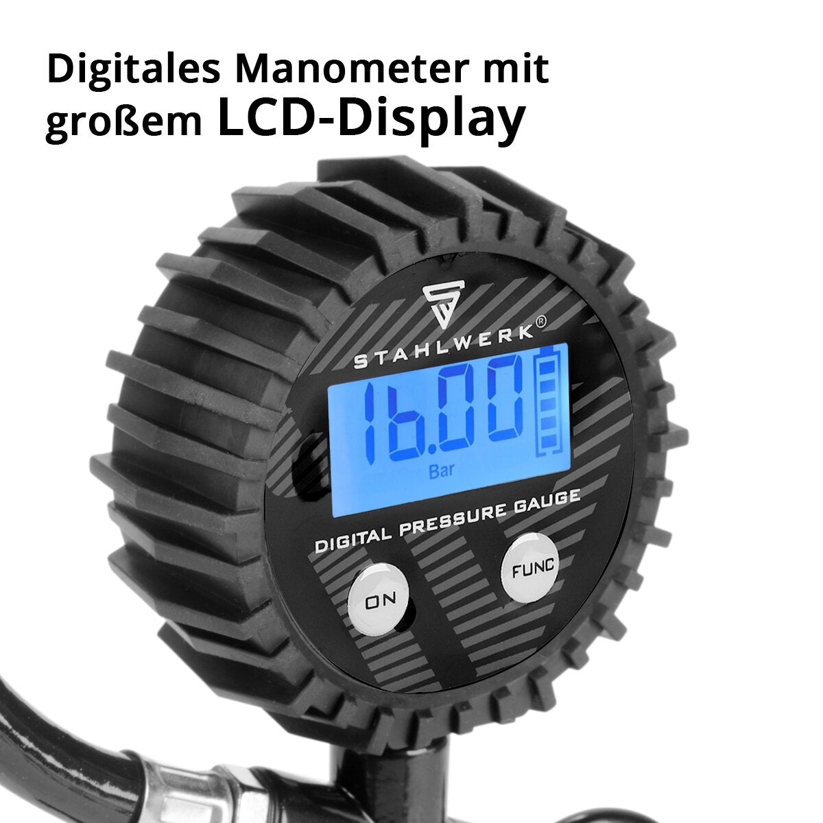 Steelworks Digital Compressed Air Tire Pistol DRD-16 ST | Filler per pneumatici ad aria compressa con manometro digitale | Tester a pressione dei pneumatici per auto, camion, moto, bicicletta | Area di misurazione 0-16 bar / 0-232 psi