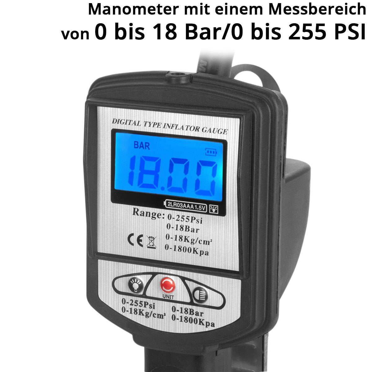 Steelworks Digital Comprim Air Tire Pistol DRP-18 ST | Remplissage de pneus d'air comprimé avec manomètre numérique | Testeur de pression des pneus numériques pour les voitures, camions, moto, vélo | Zone de mesure 0-18 bar / 0-255 psi