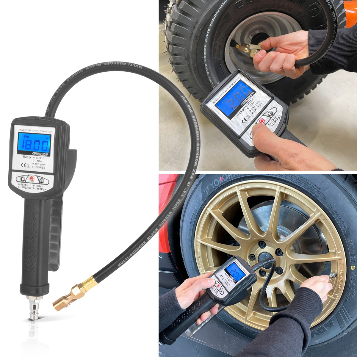 Steelworks Digital Comprim Air Tire Pistol DRP-18 ST | Remplissage de pneus d'air comprimé avec manomètre numérique | Testeur de pression des pneus numériques pour les voitures, camions, moto, vélo | Zone de mesure 0-18 bar / 0-255 psi