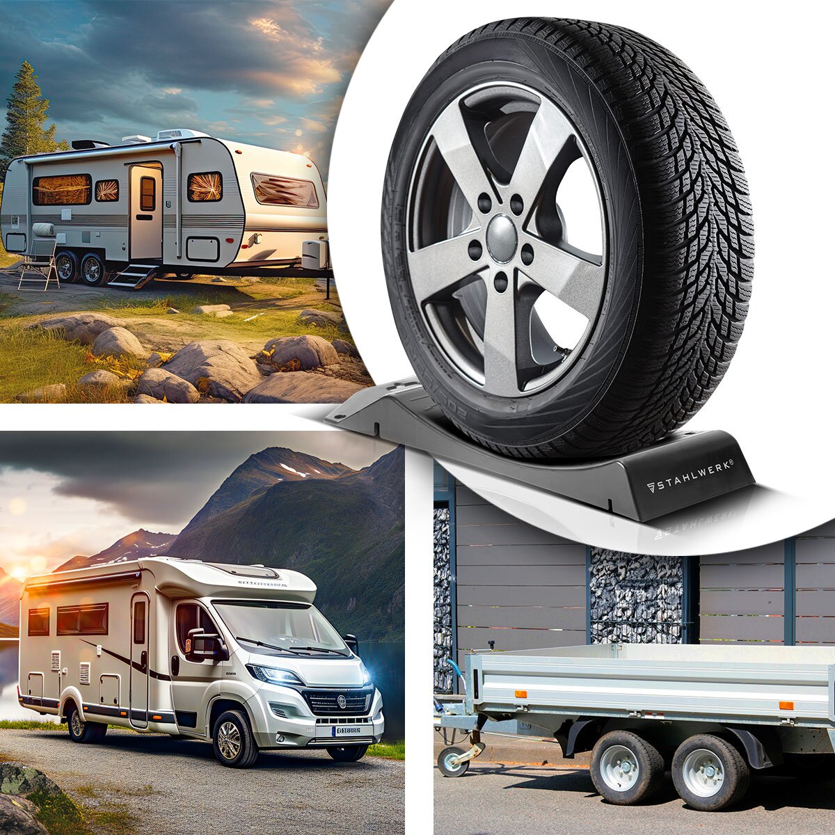 STAHLWERK Reifenschoner Standplatten GT-18 ST 4er Set mit 2,7 t Tragkraft Reifenwiege | Reifenschuhe | Hemmschuh | Unterlegkeil für Pkw, Reisemobil, Campingmobil, Wohnmobil, Caravan oder Wohnwagen