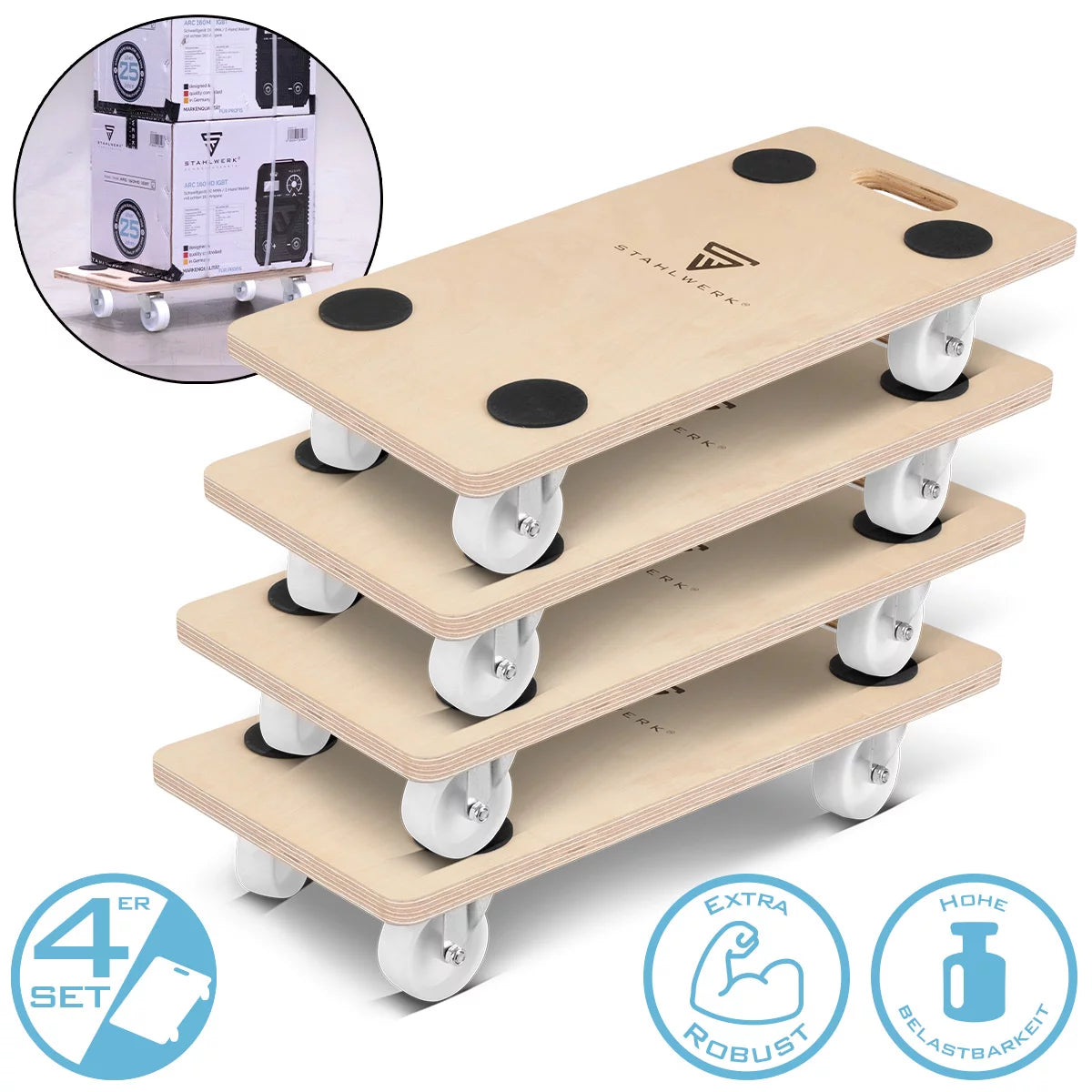 Steelwork trolley TR-250 ST 4 Set with 250 kg load capacity and abrasion-resistant steering rollers 58 x 29 cm platform car | Transport car | Furniture roller | Rolling board | Handlars | Transporter