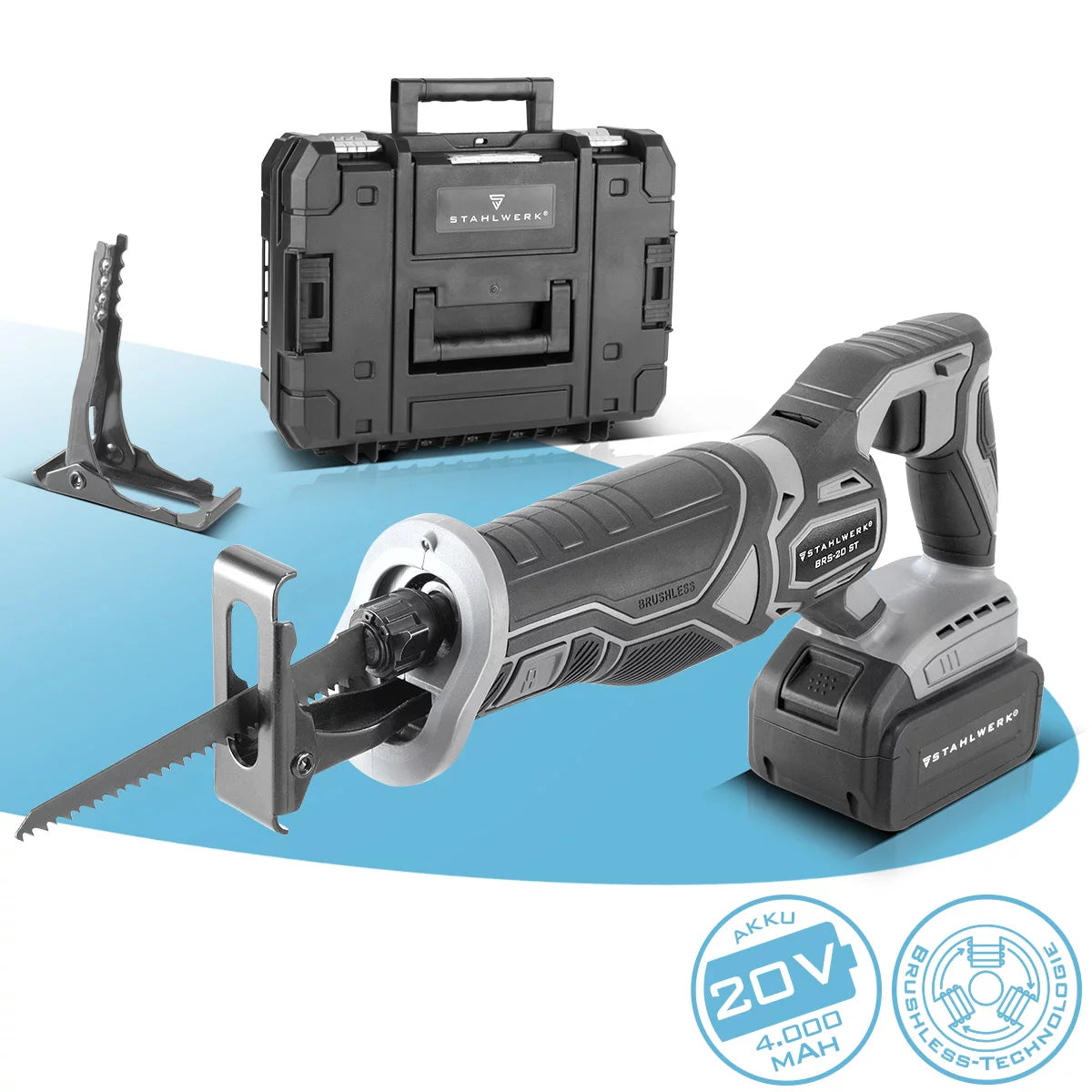 Steelworks Brushless battery-saw saw BRS-20 ST Reciproosaw / jigsaw / universal saw with 20 volts, 4 AH Li Ion battery, quick-tensioning feed, 0-2600 rpm.