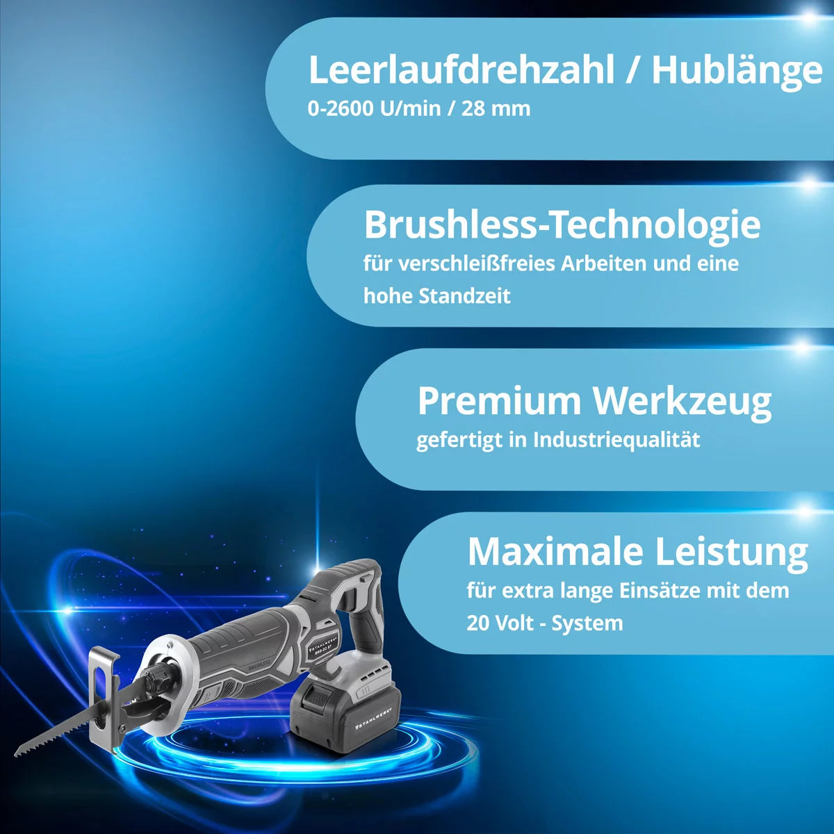 Steelworks Brushless battery-saw saw BRS-20 ST Reciproosaw / jigsaw / universal saw with 20 volts, 4 AH Li Ion battery, quick-tensioning feed, 0-2600 rpm.