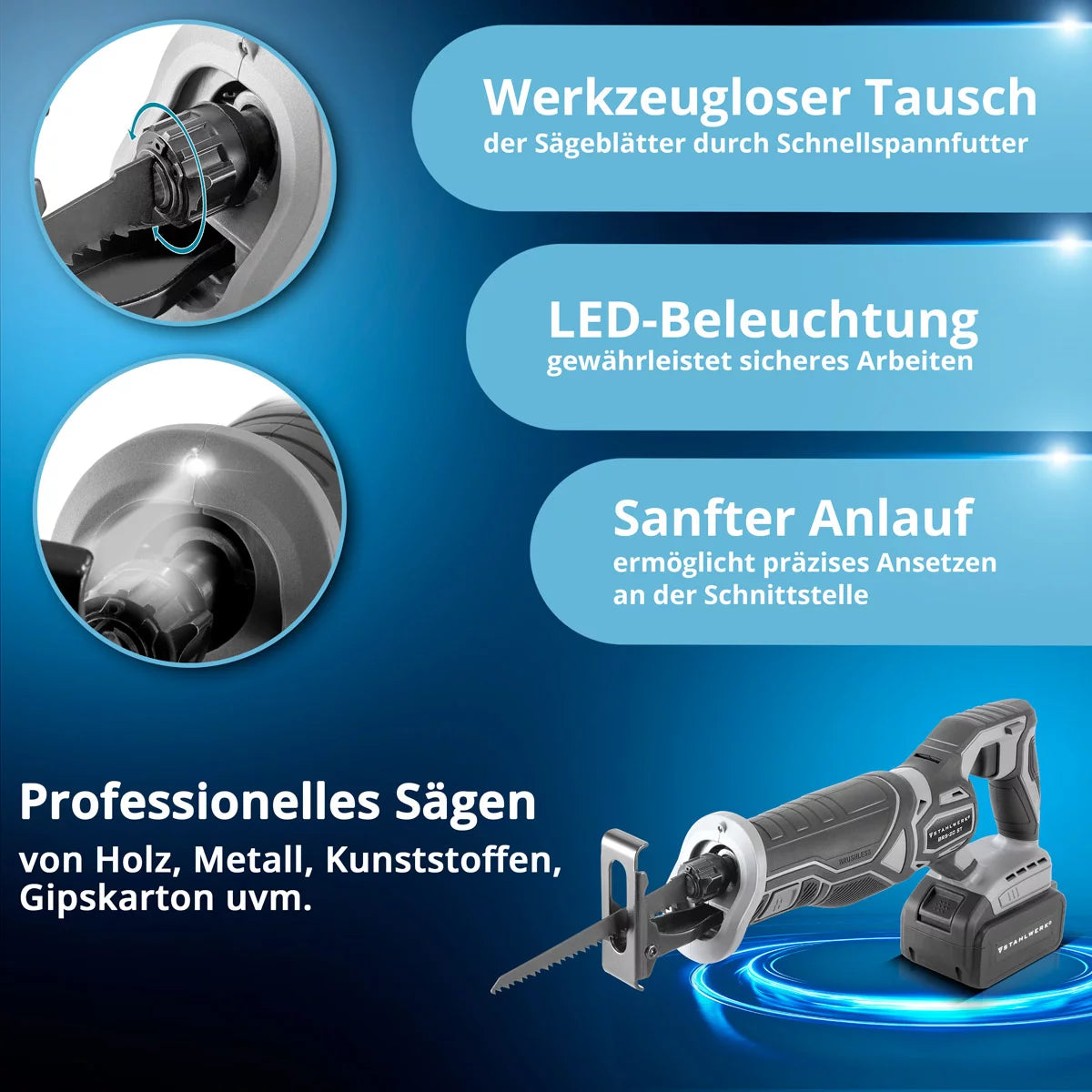 STAHLWERK brushless cordless reciprocating saw BRS-20 ST | 20 volt universal saw | 4 Ah Li-Ion battery | 40 replacement sheets (20 x wood, 20 x metal) | Keyless chuck | Stroke length 28 mm | 0-2,600 rpm