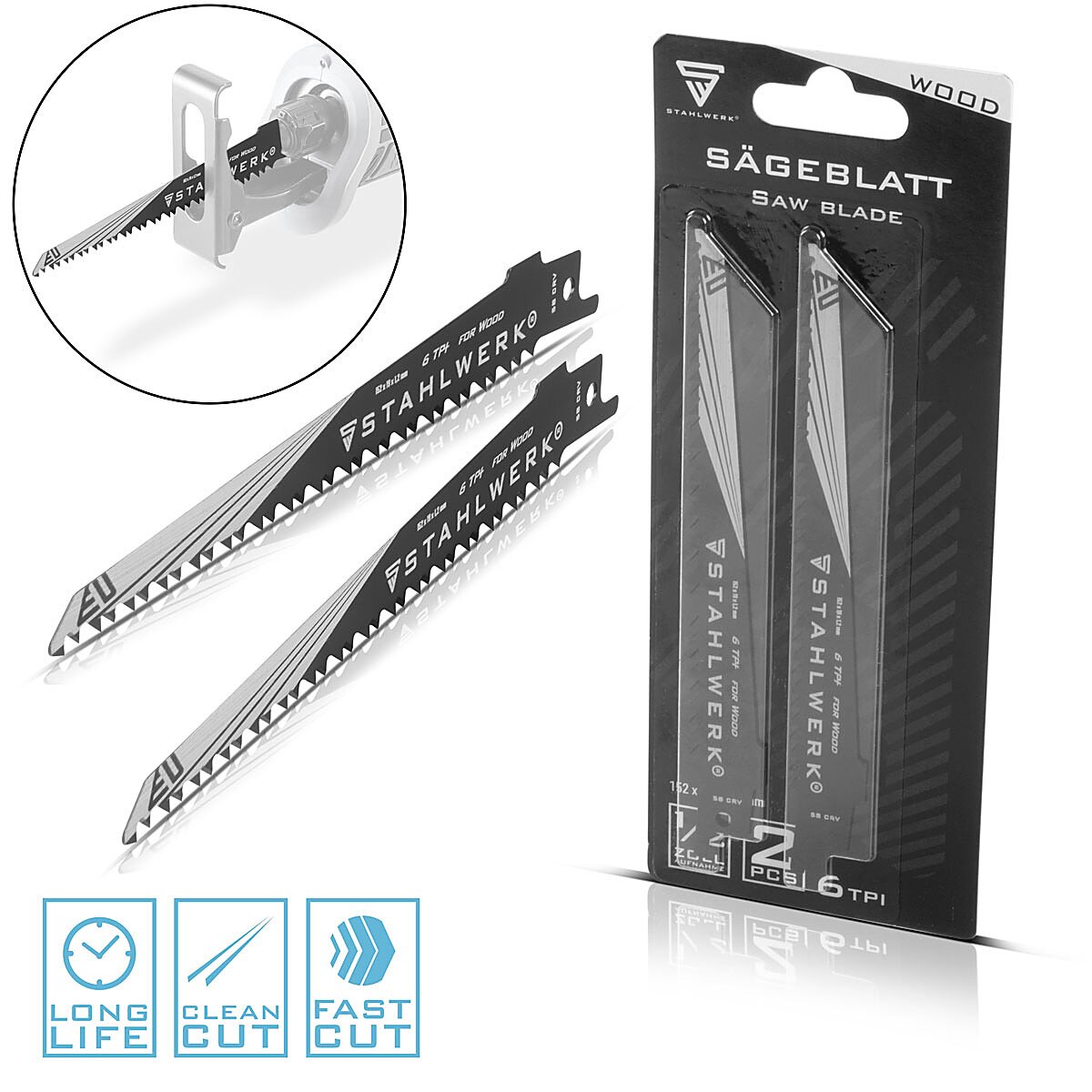 Steelworks wood-saw blade 2 Set 150 x 19 x 1.2 mm Long Life Saber Suckeled | Reciprosal blades with 1/2 inch recording and 6 TPI for saber saws | Recipanasaws | Stabs