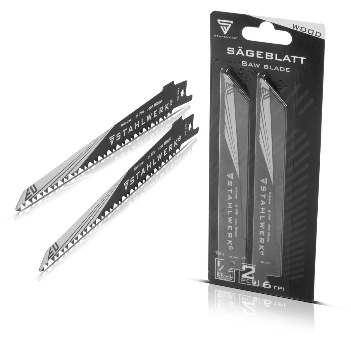 Steelworks wood-saw blade 2 Set 150 x 19 x 1.2 mm Long Life Saber Suckeled | Reciprosal blades with 1/2 inch recording and 6 TPI for saber saws | Recipanasaws | Stabs
